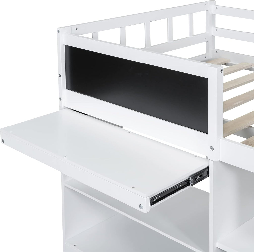 JIVOIT Wooden Low Loft Bed Frame with Rolling Desk, Two Drawers and Two-Tier Bookshelf, Twin Size Loft Bed with Blackboard, Full-Length Guardrail and Built-in Stair (White with Rolling Desk 013)
