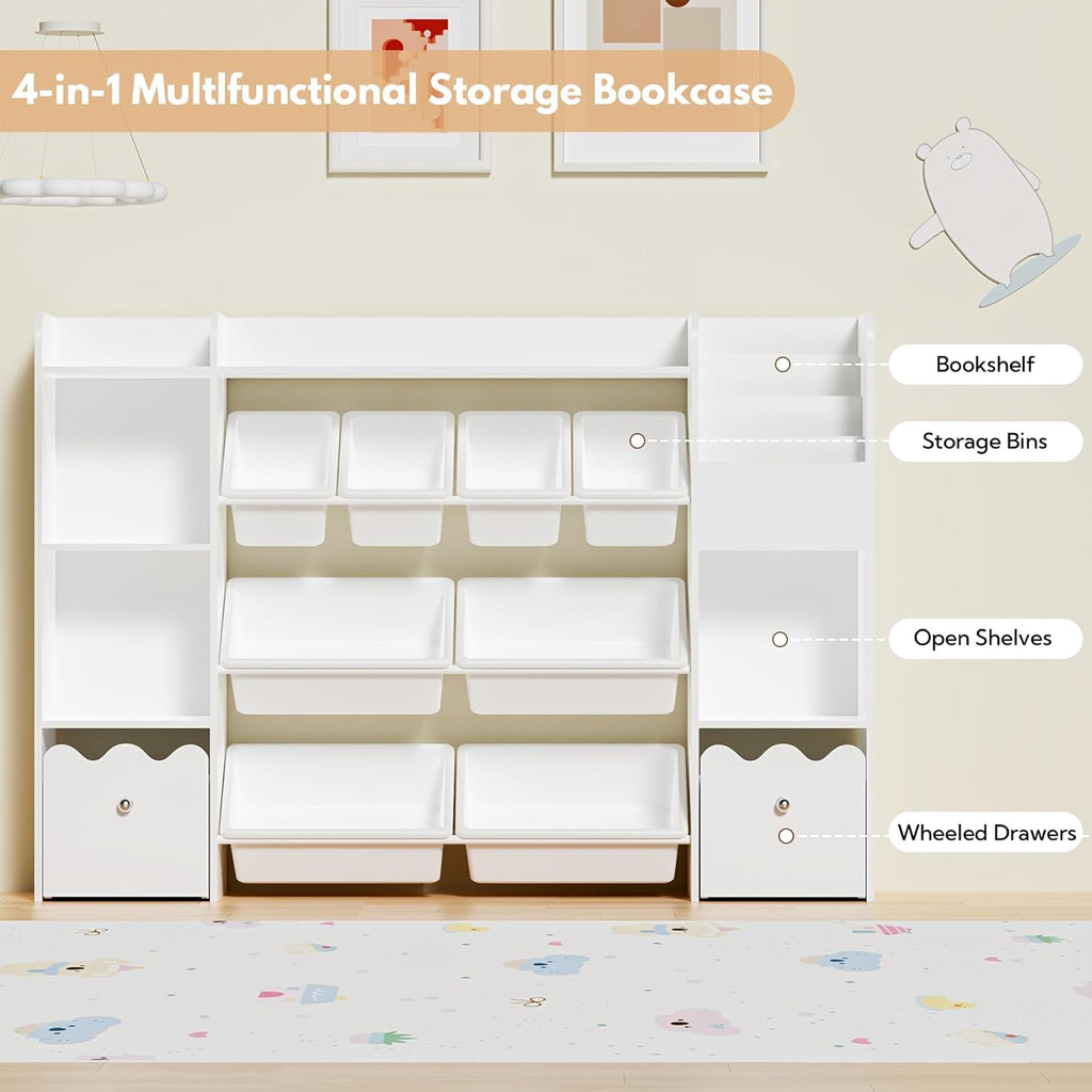 HOMMPA 55' W Kids Toy Storage Organizer with 2 Movable Drawer 4-Tier Bookshelf for Kids Children's Organizer Cabinet with 8 Toy Bins for Playrooms, Classroom and Nurseries,White