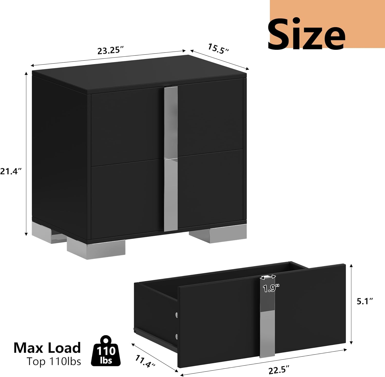 Henf Modern Black Nightstand Set of 2 for Bedroom, Elegant 2 Drawer Nightstand with Silver Mirrored Handle and Base, Wood End Table Sofa Side Table for Small Place Living Room Bedroom (Black)