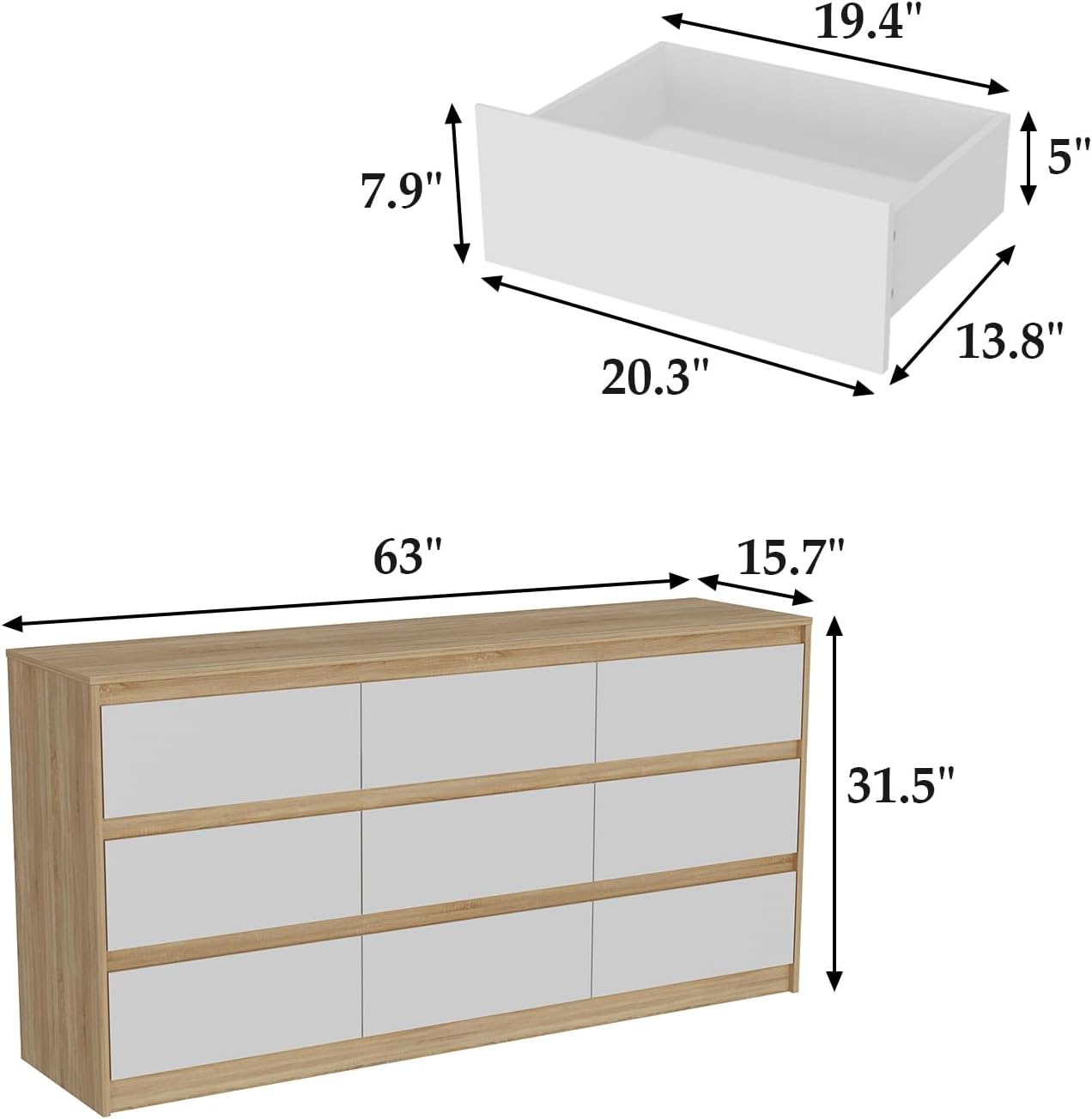 9 Drawer Dresser for Bedroom with Deep Drawers, Large Floor Wood Dressers & Chest of Drawers Handle Free, Modern Long Dressers for Closet Living Room, Wood Color (63' W x 15.7' D x 31.5' H)