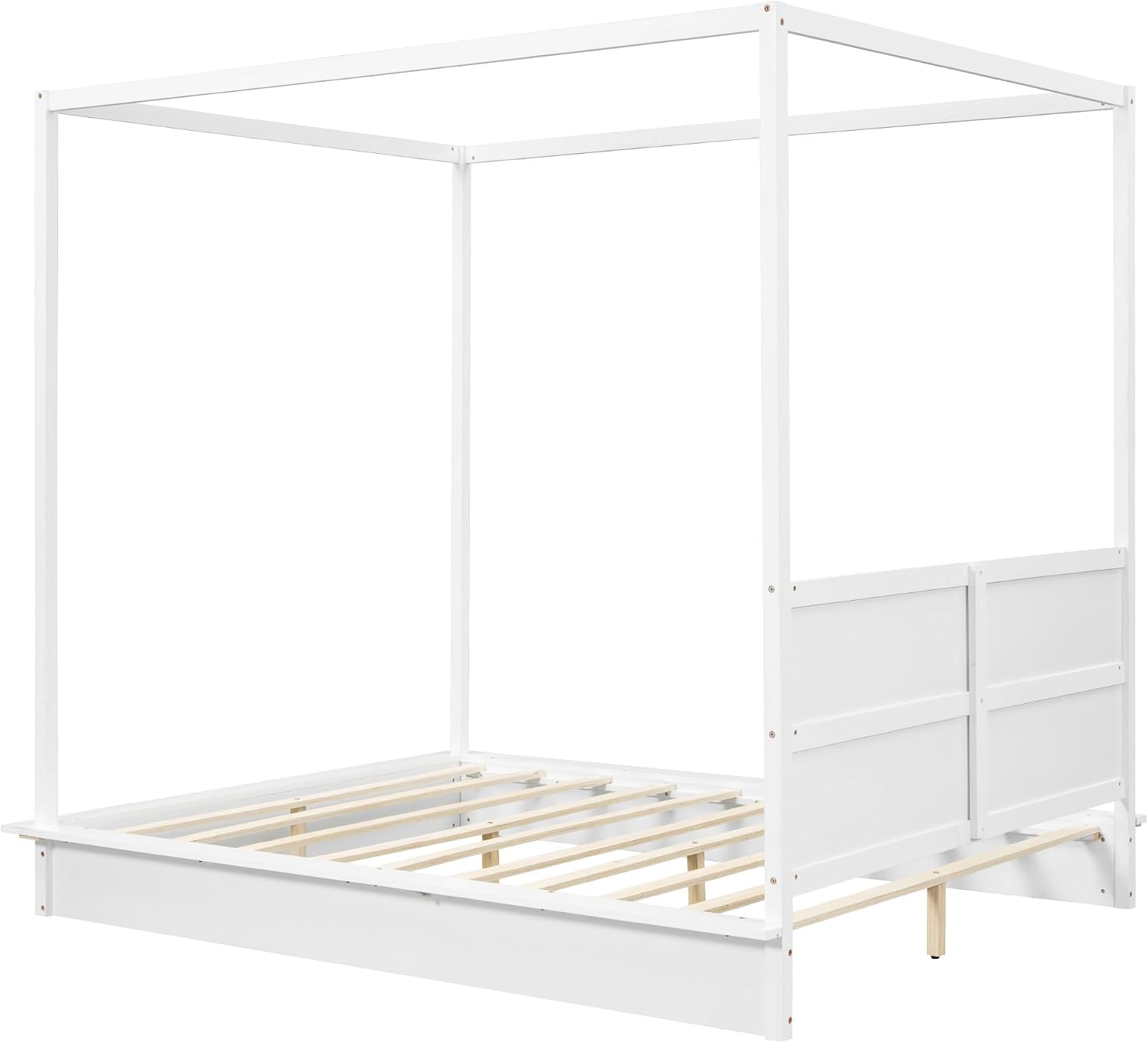 Queen Size Canopy Platform Bed with LED Lights and Headboard, Wooden 4-Post Canopy Bed Frame with Support Slats, No Box Spring Needed (Queen)
