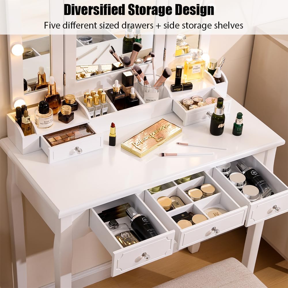 Vanity Desk with Mirror and Lights White Girls Vanity Set with Mirror and Cushioned Stool Makeup Vanity Table with Lighted Mirror & 5 Drawers(White)