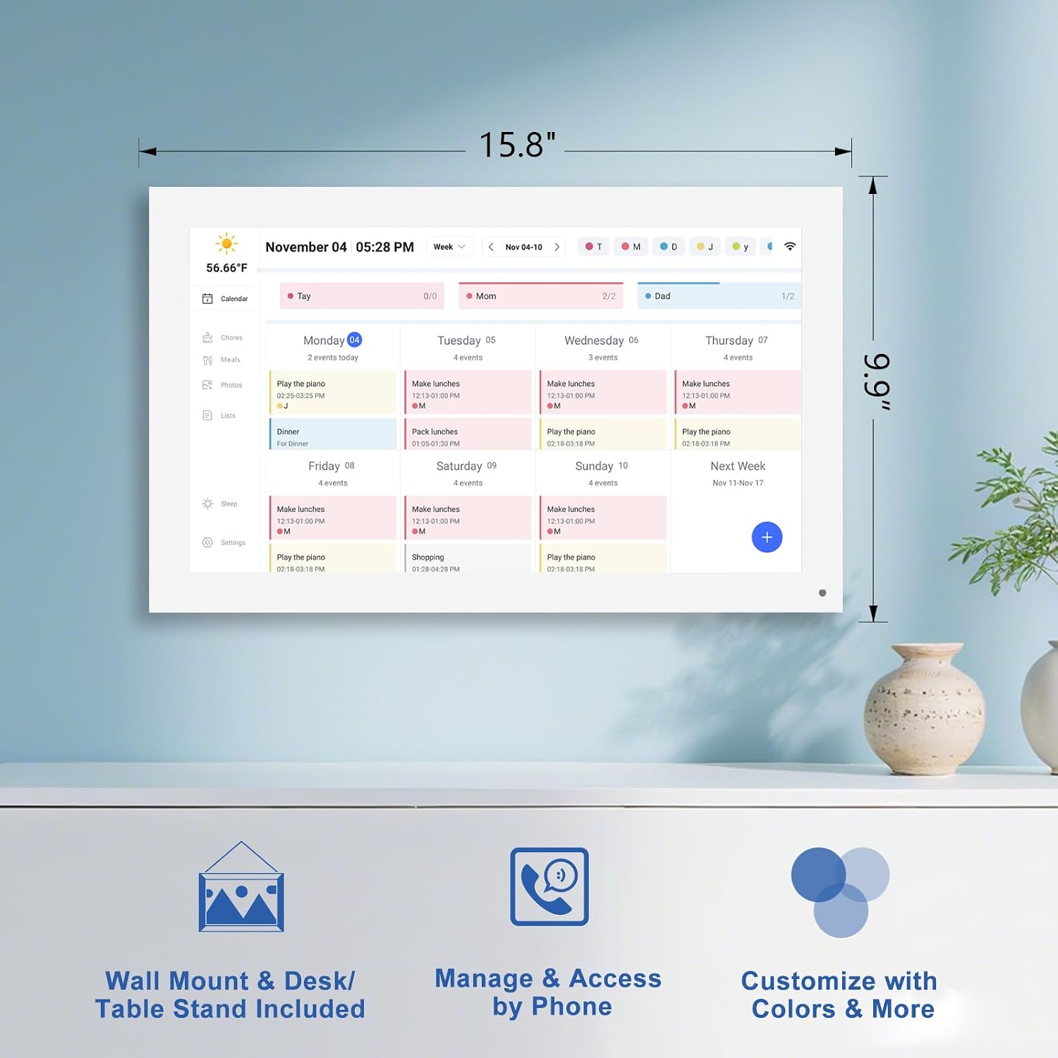 15.6 inch Digital Wall Calendar Touchscreen, Chore Chart, IPS FHD,Wall Planner, Smart Family Schedules, Wall Mount Included，Auto-Rotate, Wall Organizer, Children's or parents' birthdays, Christmas