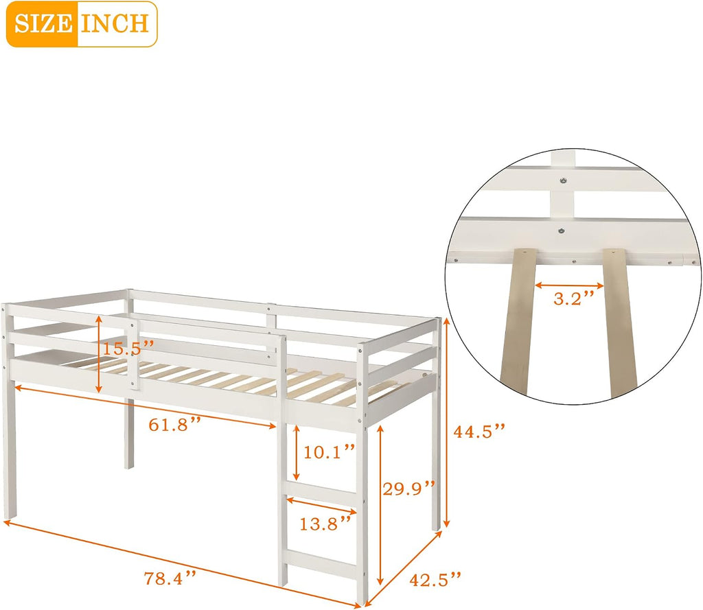 JIVOIT Twin Size Low Loft Bed with Rolling Portable Desk, Wooden Loft Bed with Cabinet/Bookshelf/Drawers/Open Shelves for Kids Teens Adults, No Box Spring Required (White-Twin-Rolling Portable Desk)