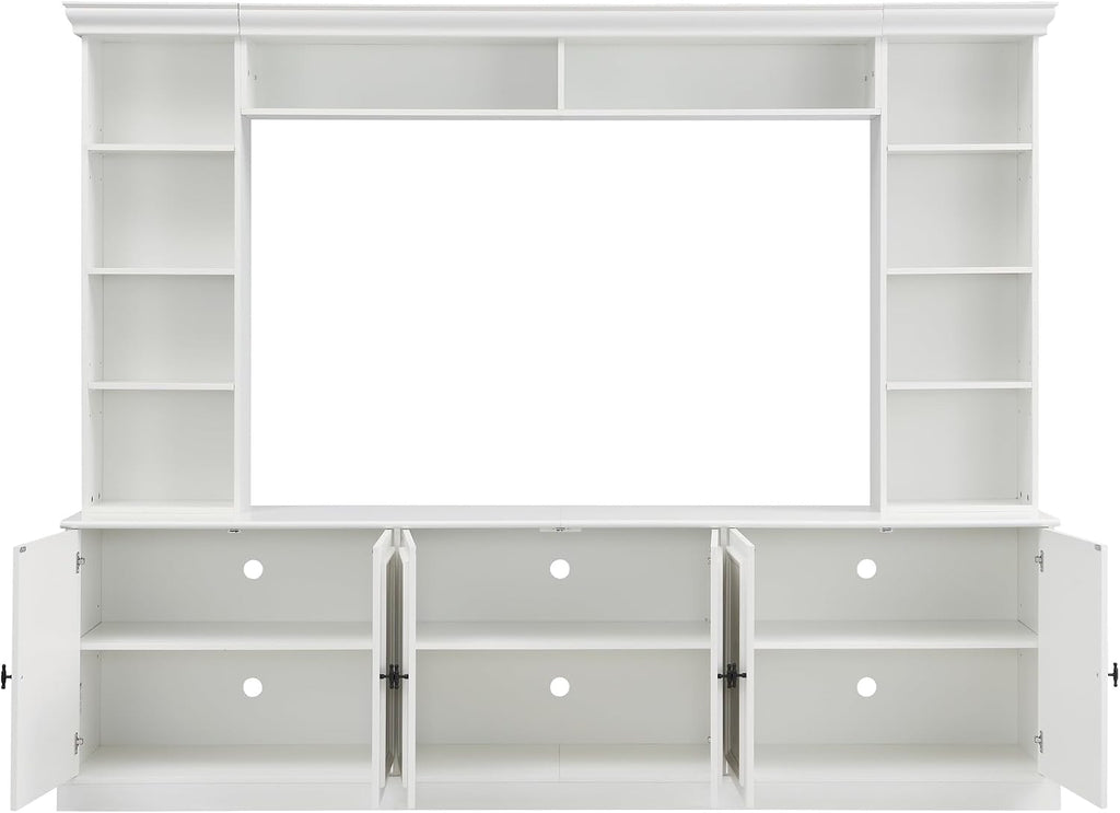 97.4' Entertainment Center Wall Unit with Bookshelves, 4-Piece Modern TV Stand for TVs up to 70' with 6 Doors & Adjustable Shelves for Living Room, White