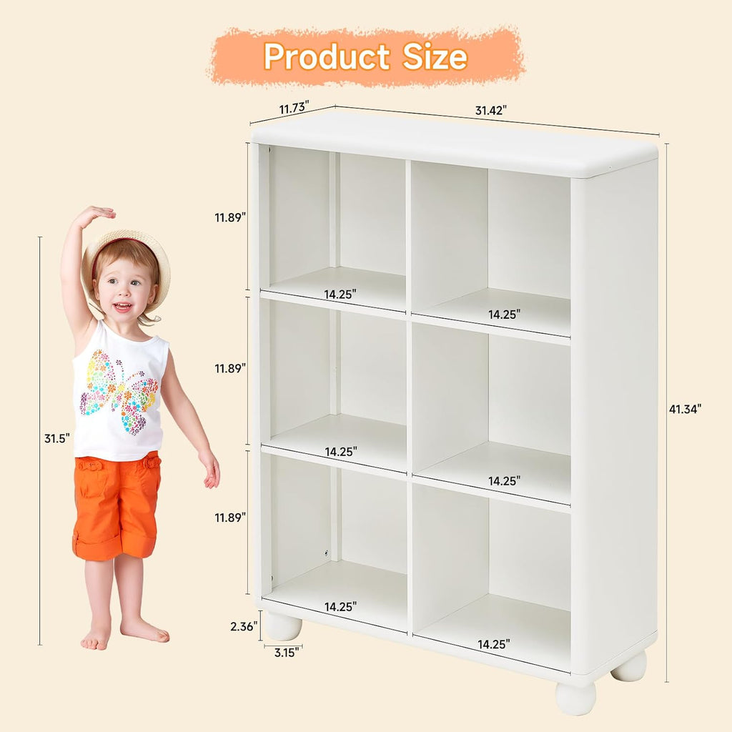 Kids Bookshelf, Large Wooden Bookcase with 6 Cube Storage, Girl Toy Storage Organizer Cabinet with Child Safe Paint&Thick Board, Boy Tall Book Shelves Nook for Office Playroom Living Room(White)