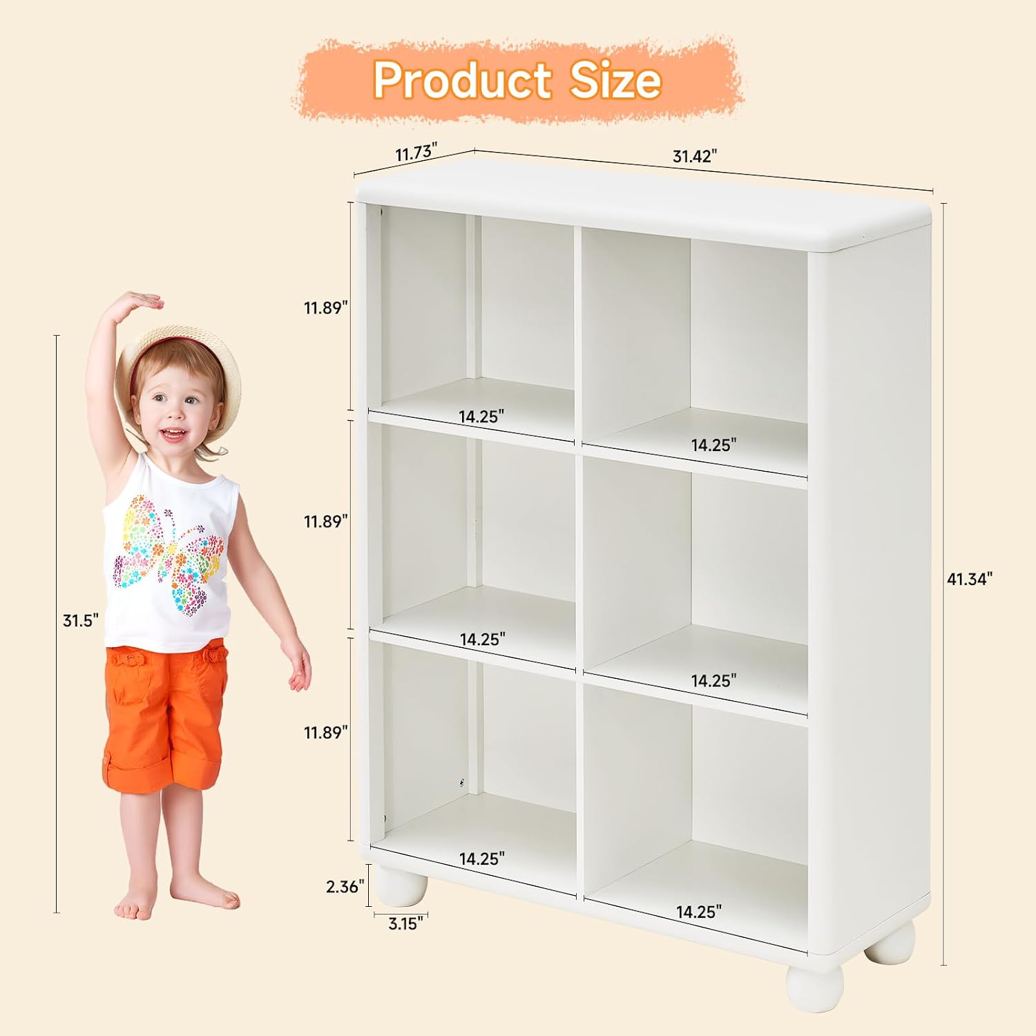 Kids Bookshelf, Large Wooden Bookcase with 6 Cube Storage, Girl Toy Storage Organizer Cabinet with Child Safe Paint&Thick Board, Boy Tall Book Shelves Nook for Office Playroom Living Room(White)