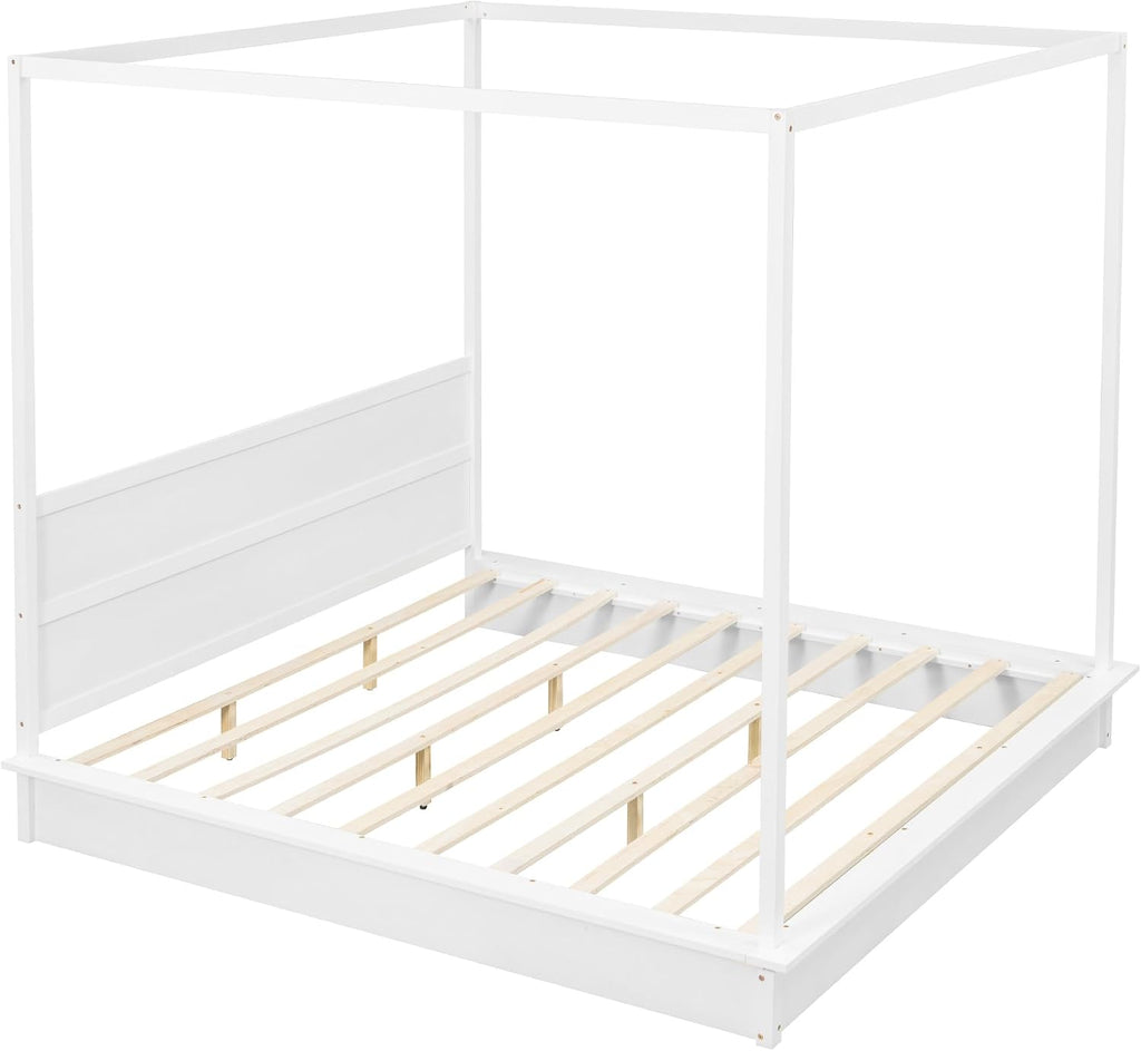 King Size Canopy Platform Bed with LED Lights and Headboard, Wooden 4-Post Canopy Bed Frame with Support Slats, No Box Spring Needed (King)