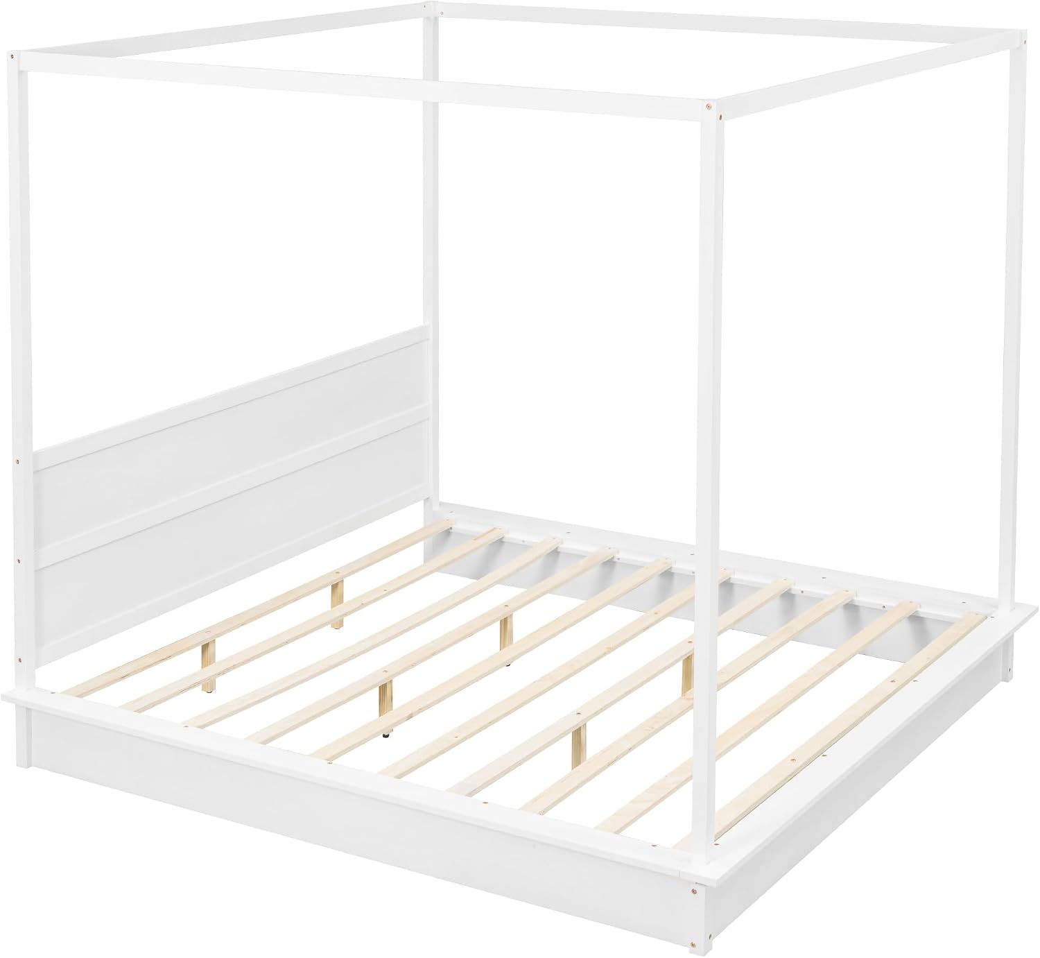 King Size Canopy Platform Bed with LED Lights and Headboard, Wooden 4-Post Canopy Bed Frame with Support Slats, No Box Spring Needed (King)