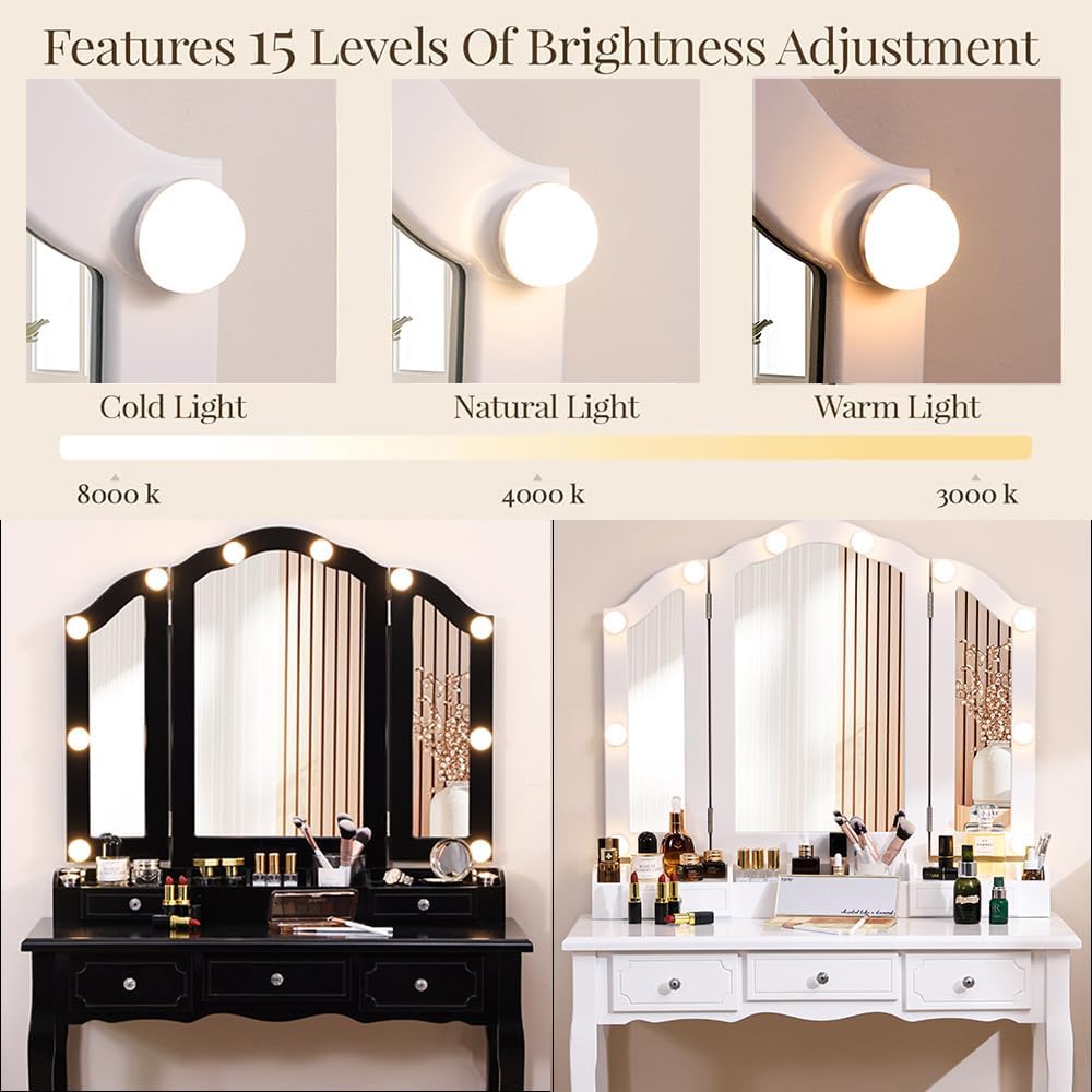 Vanity Desk with Mirror and Lights White Girls Vanity Set with Mirror and Cushioned Stool Makeup Vanity Table with Lighted Mirror & 5 Drawers(White)