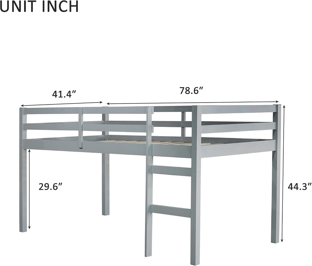 JIVOIT Wood Low Loft Bed Frame with Ladder, Solid Rubber Wooden Twin Loft Bed, Bed Platform of Strengthened Slats, Space Saving Design, No Box Spring Needed (Gray,104)