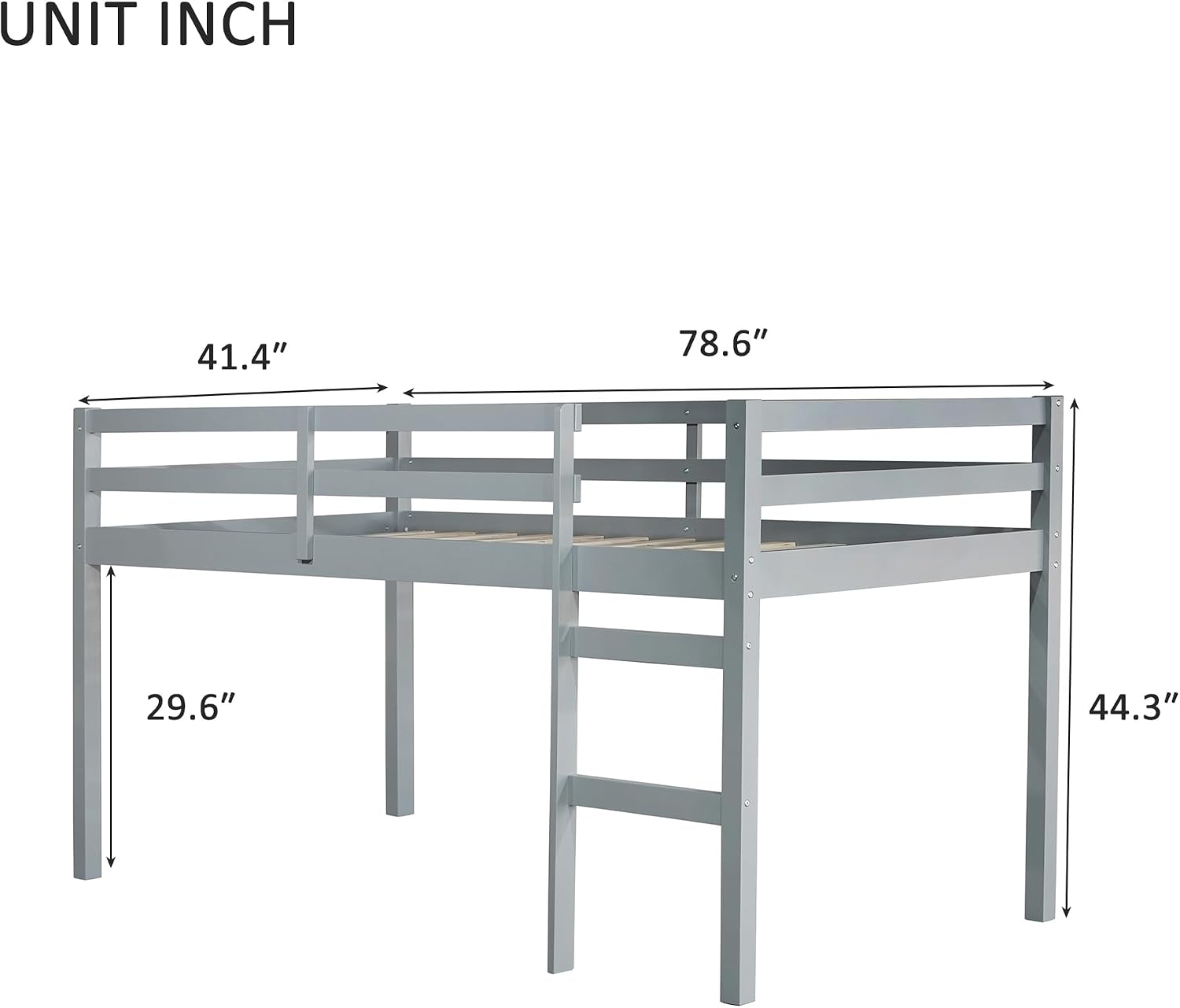 JIVOIT Wood Low Loft Bed Frame with Ladder, Solid Rubber Wooden Twin Loft Bed, Bed Platform of Strengthened Slats, Space Saving Design, No Box Spring Needed (Gray,104)