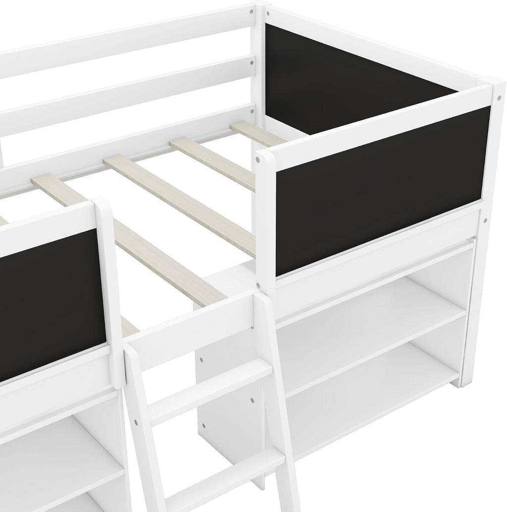 JIVOIT Twin Size Low Loft Bed with Decorative Guardrail Chalkboard, Wooden Loft Bed Frame with Two Movable Shelves and Ladder, Space Saving Design for Kids Teens Bedroom (White & 4 Chalkboard)