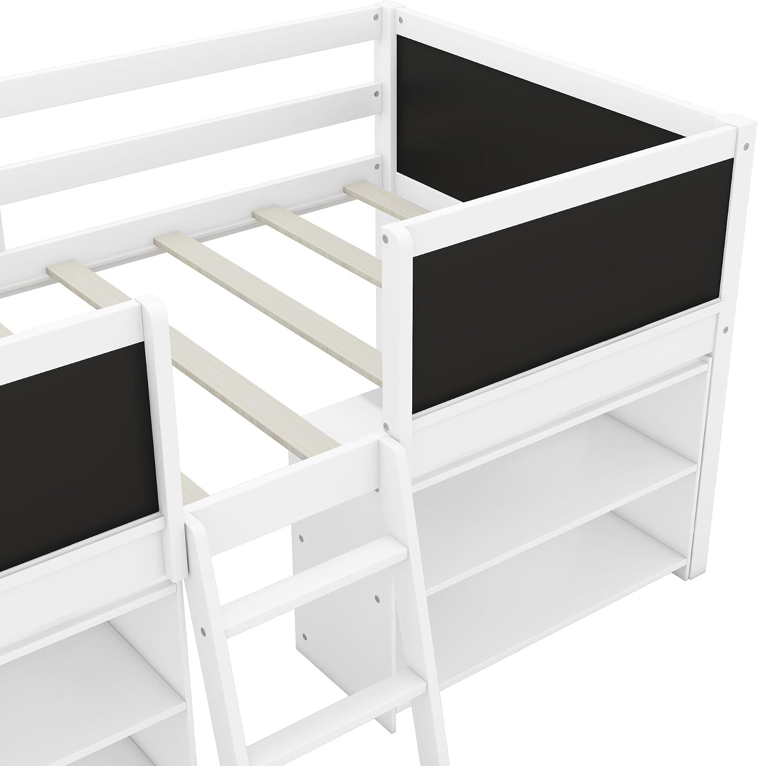 JIVOIT Twin Size Low Loft Bed with Decorative Guardrail Chalkboard, Wooden Loft Bed Frame with Two Movable Shelves and Ladder, Space Saving Design for Kids Teens Bedroom (White & 4 Chalkboard)