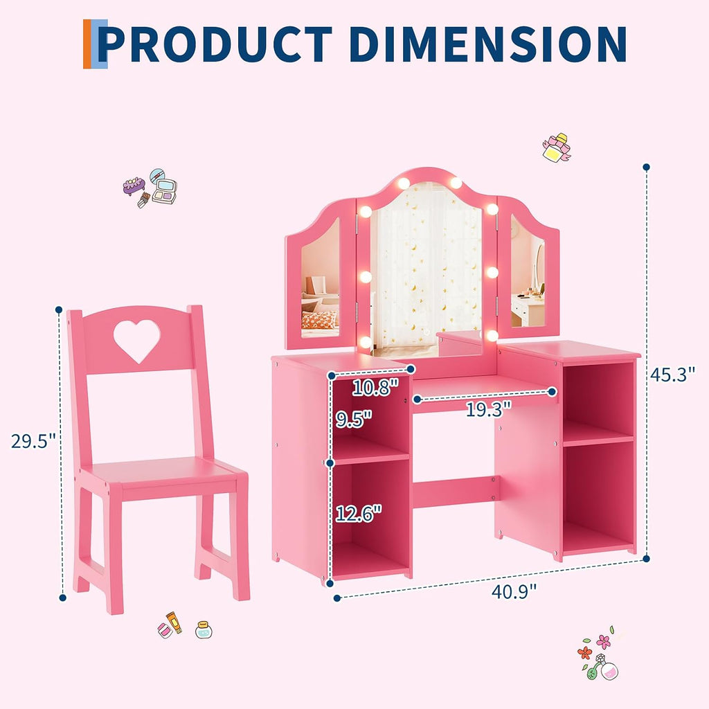Garvee Princess Vanity Table & Chair Set for Girls with Tri-Folding Mirror, Touch Light Vanity Desk with Storage & High Back Chair - Convertible to Writing Desk, Gift for Girls