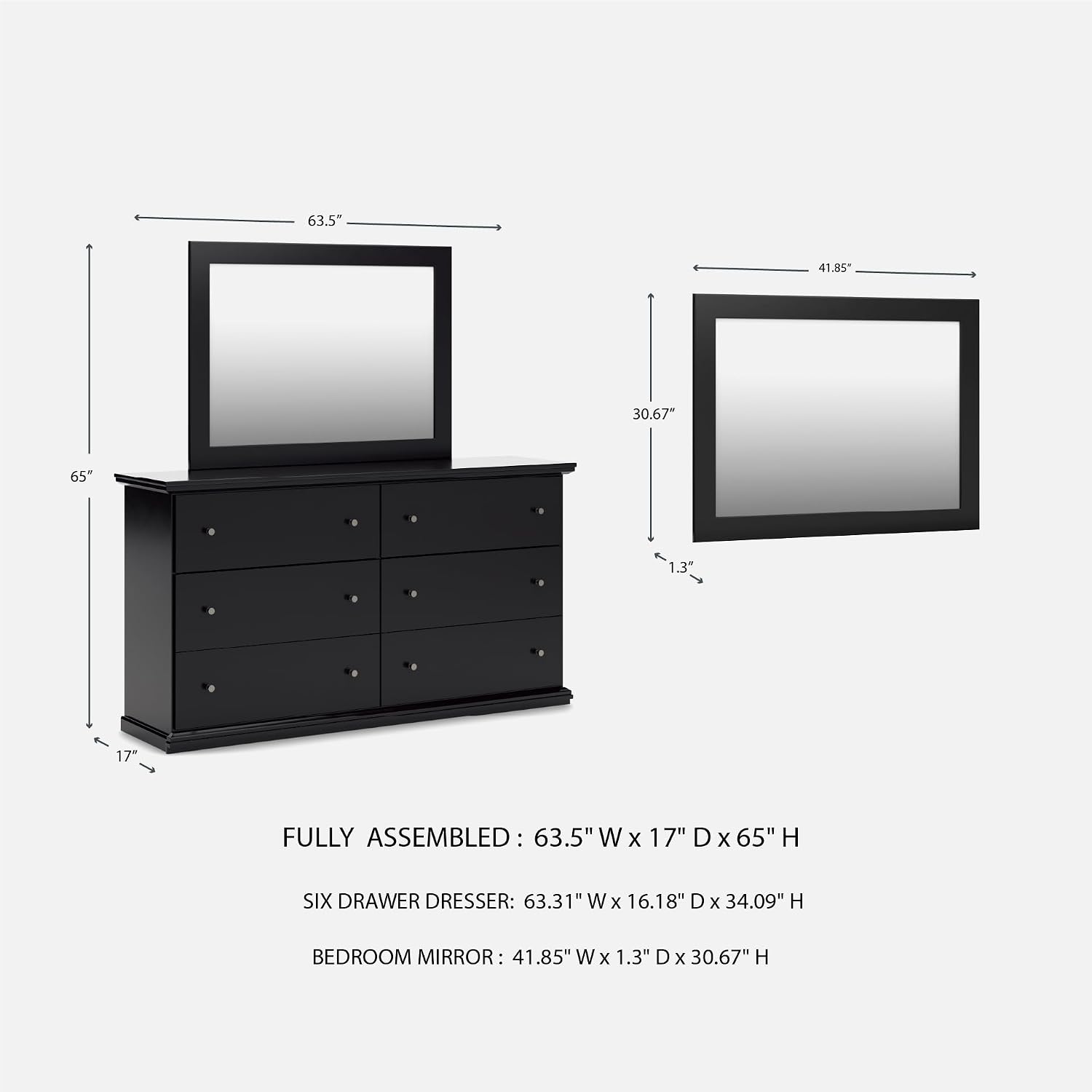 Signature Design by Ashley Maribel Traditional 6-Drawer Dresser and Mirror with Safety Stop, Black