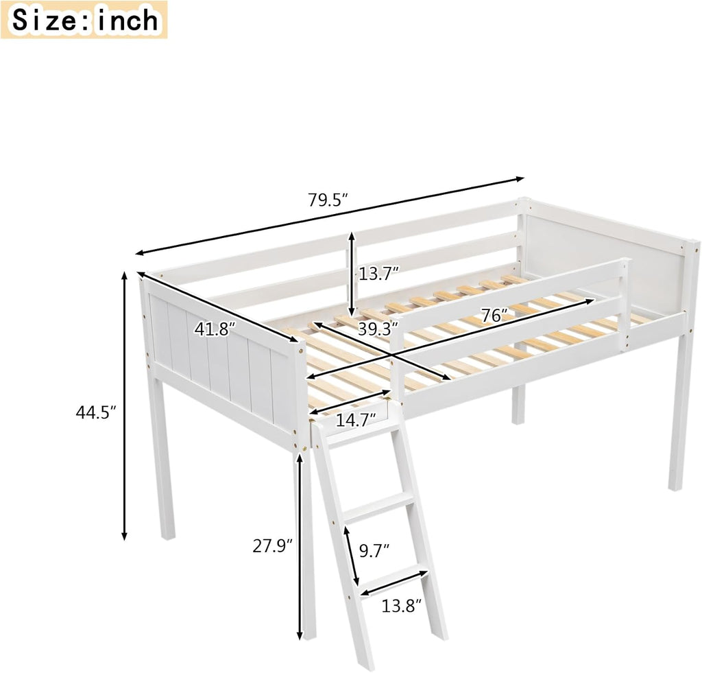Twin Size Loft Bed, Wood Low Loft Bed with Convertible Ladder, Ladder can be Placed on the Left or Right, Safety Guardrails, Wood Slats Support, No Box Spring Required (White & Convertible Ladder)