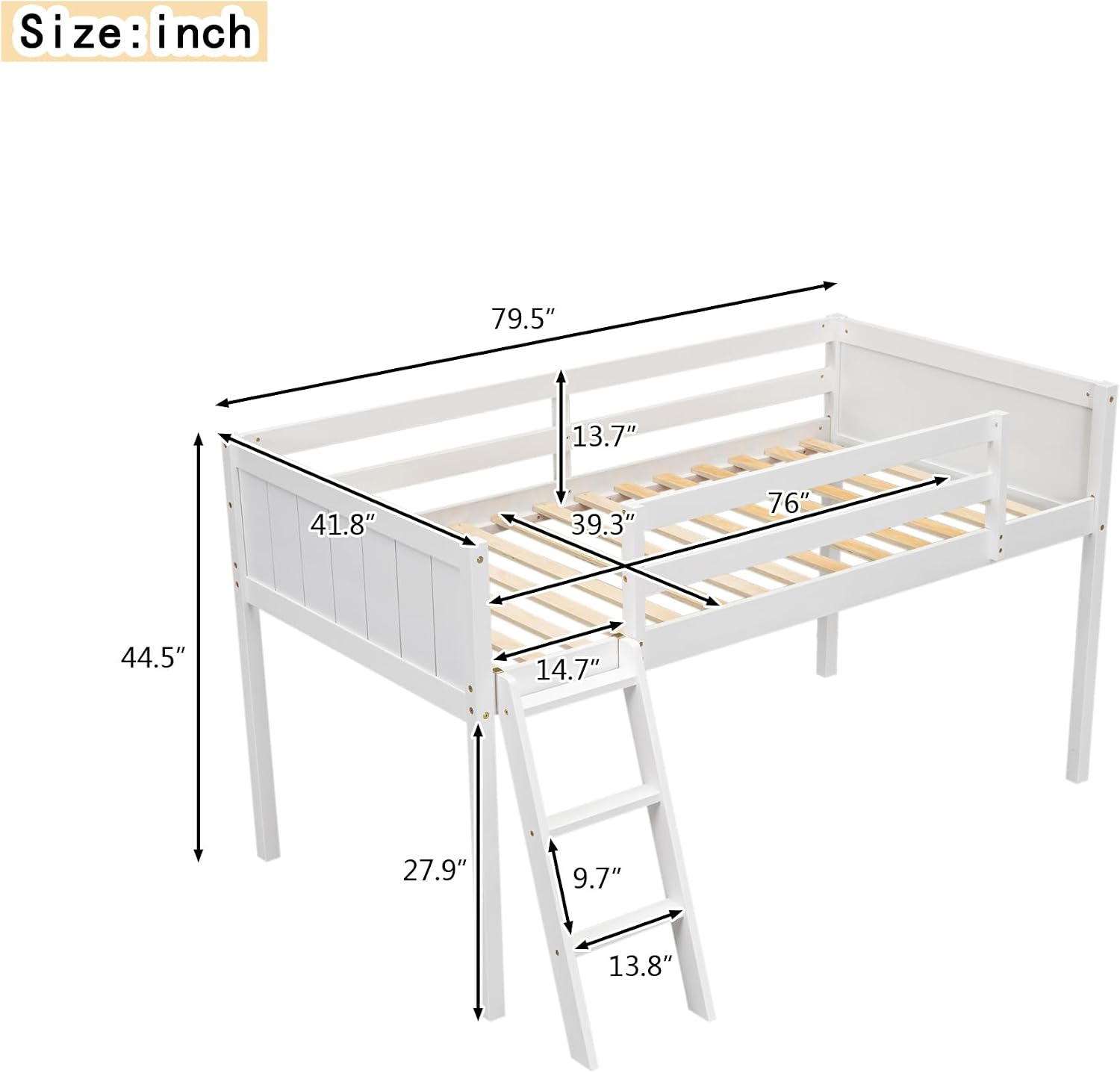 Twin Size Loft Bed, Wood Low Loft Bed with Convertible Ladder, Ladder can be Placed on the Left or Right, Safety Guardrails, Wood Slats Support, No Box Spring Required (White & Convertible Ladder)