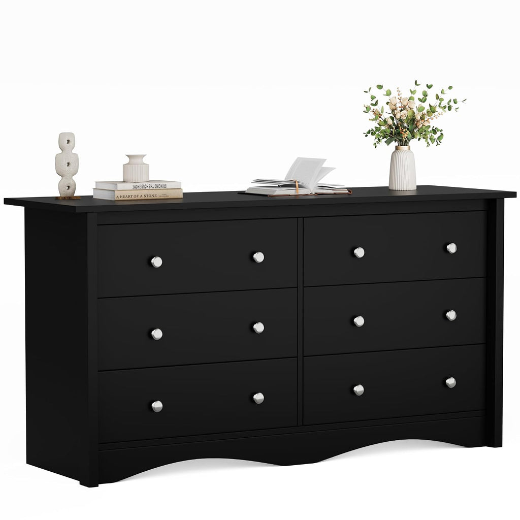 Flamaker Dresser for Bedroom, 6 Drawer Dresser, 47.2'' Wood Dressers, Wide Chest of Drawer, Storage Drawers, Storage Organizer for Closet, Hallway (Black)