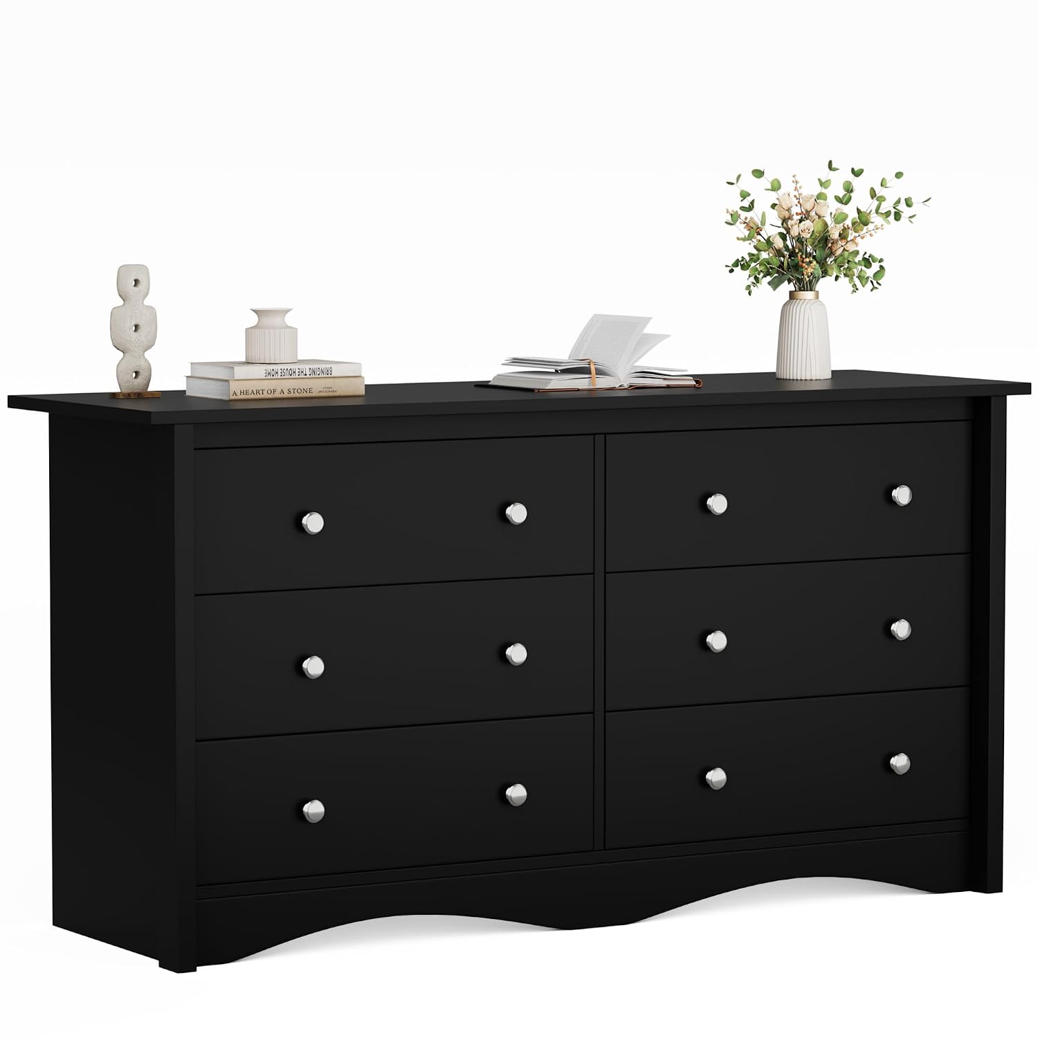 Flamaker Dresser for Bedroom, 6 Drawer Dresser, 47.2'' Wood Dressers, Wide Chest of Drawer, Storage Drawers, Storage Organizer for Closet, Hallway (Black)