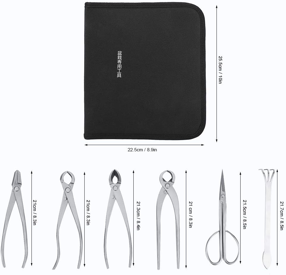 6X Bonsai tools, gardening plant and tree pruning tools, including concave shears, ball shears, trunk splitters and bonsai scissors.
