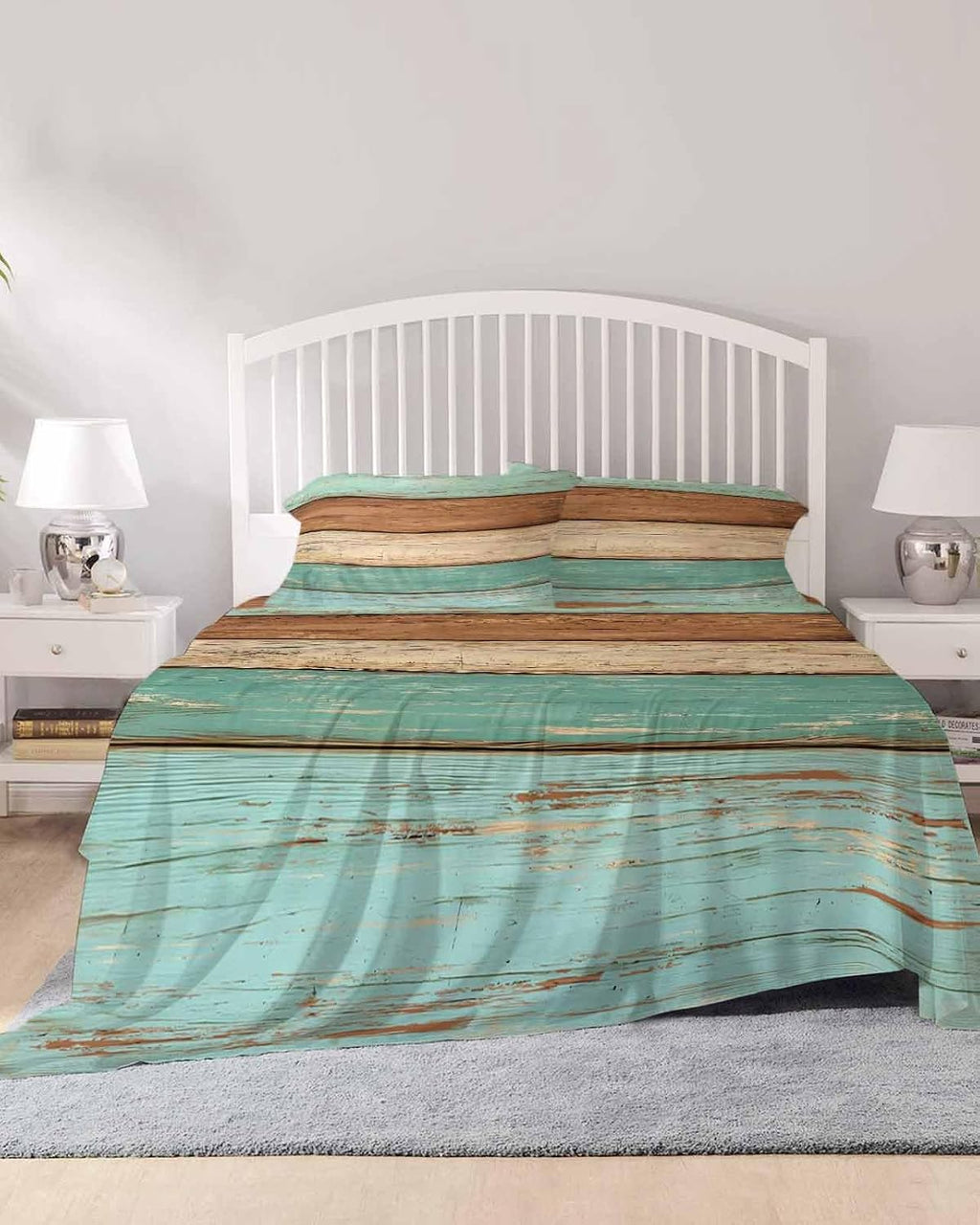 Farmhouse Teal Blue Brown Cal King Sheet Set 4 Piece Bedding - Vintage Wooden Striped Breathable Comfy Cooling Bed Sheets & Pillowcase Sets, Hotel Luxury Flat Sheets Deep Pockets Fitted Sheet