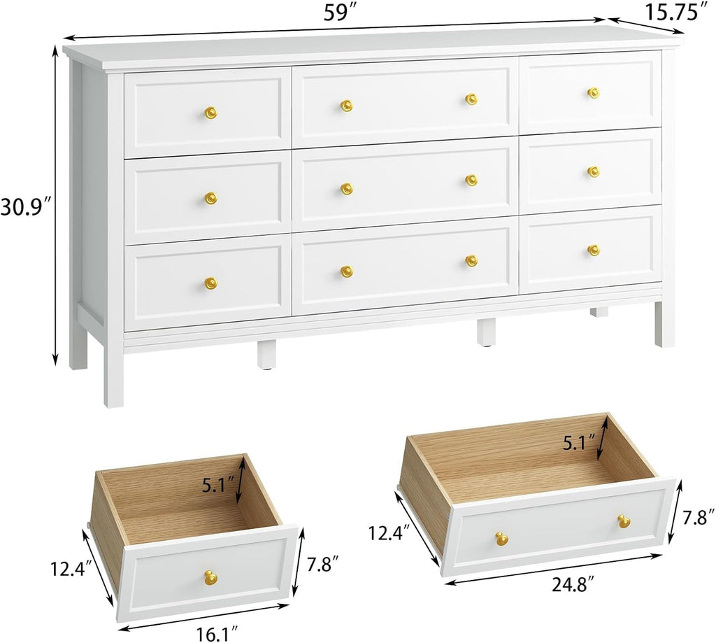 CARPETNAL 9 Drawer White Dresser for Bedroom with Deep Drawers, Large Dressers & Chest of Drawers With Gold Handle, Modern Long Dressers for Closet Bedroom, Living Room (59.25' W x 15.75' D x 30.9' H)