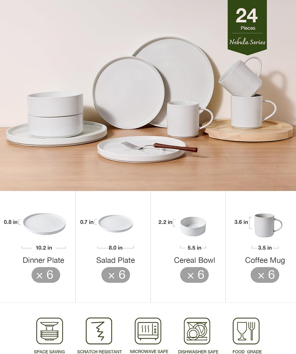 Famiware Nebula Dinnerware Sets with Mugs, Service for 6 (24 Pieces), Fine Stoneware Plates and Bowls Sets, Microwave and Dishwasher Safe Dishes Set, White