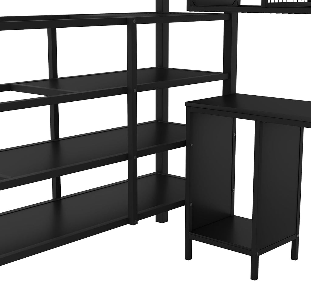 Full Size Loft Bed with Table Set, Wardrobe and Drawers, Metal Loft Bed Frame with Storage Staircase and Full-Length Guardrail for Kids Teens Boys Girls Adults Bedroom (Black-04)