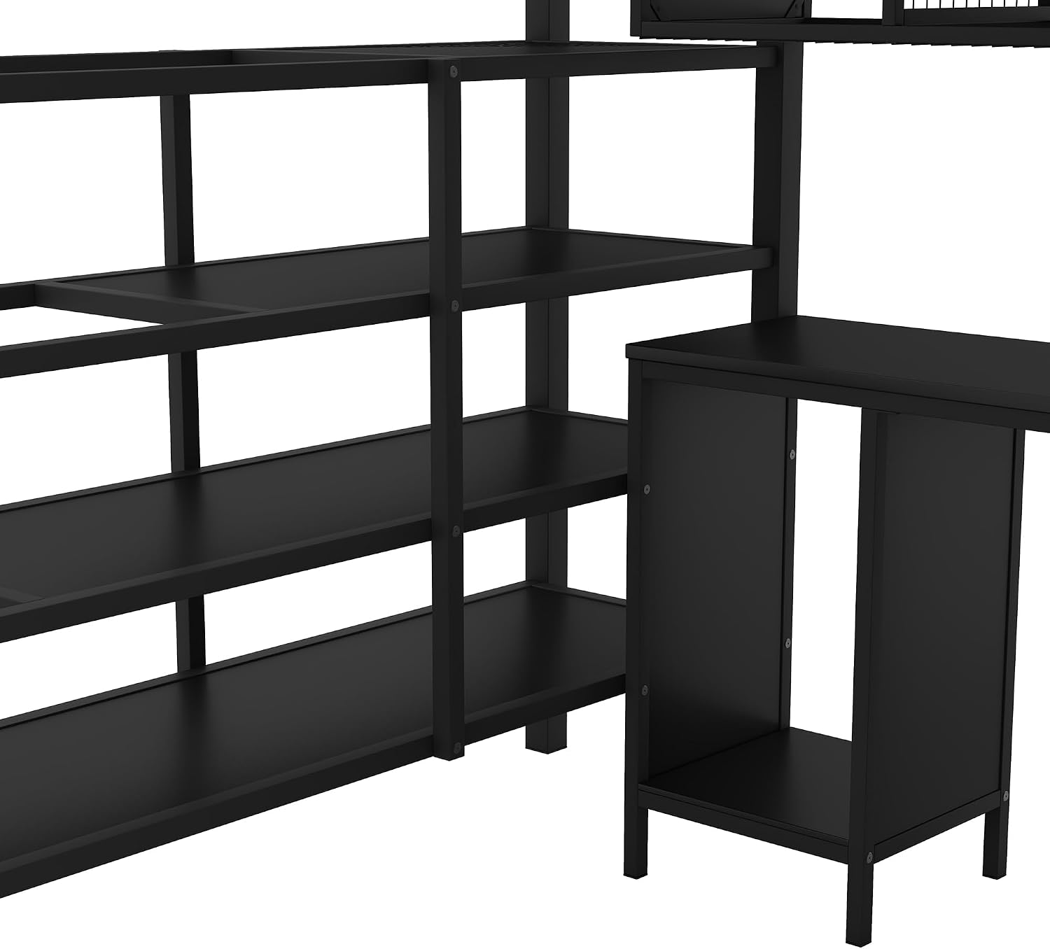 Full Size Loft Bed with Table Set, Wardrobe and Drawers, Metal Loft Bed Frame with Storage Staircase and Full-Length Guardrail for Kids Teens Boys Girls Adults Bedroom (Black-04)