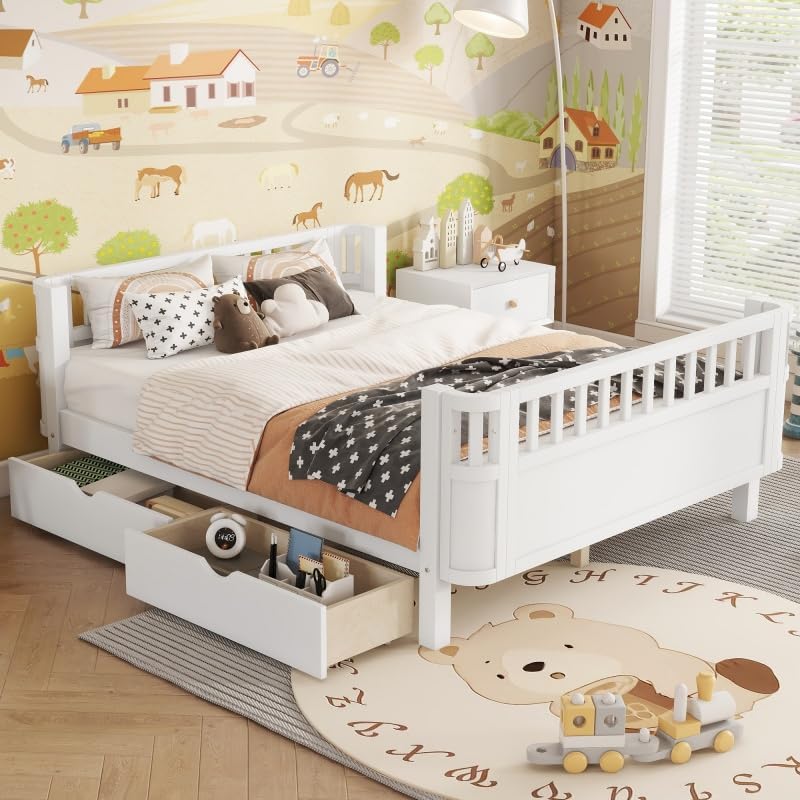 JIJIWANG Full Size Floor Bed with Storage, Montessori Floor Bed with Slats, Detachable Slats for Kids Bedroom, Girls & Boys, No Box Spring Needed, White