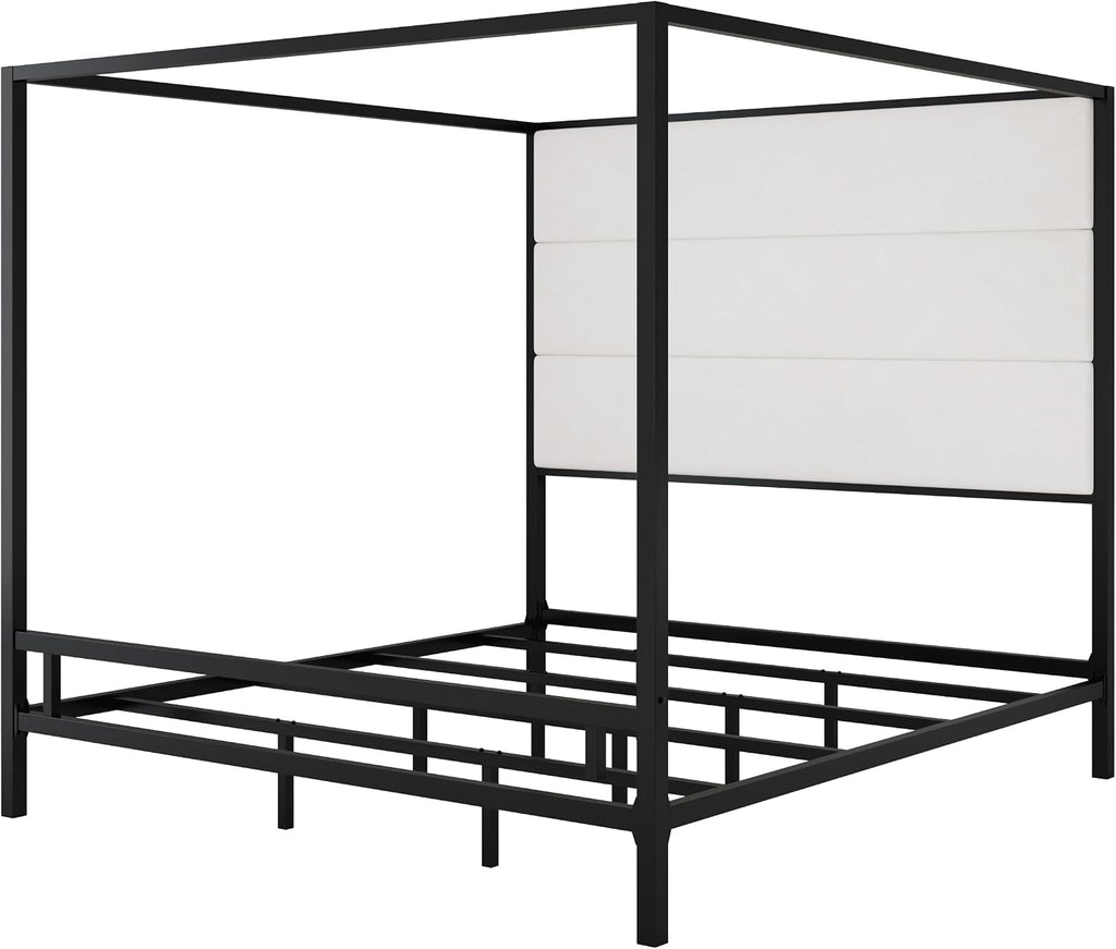 Modern Metal King Size Canopy Platform Bed with with Tall Linen Fabric Upholstered Headboard and 4 Poster Design, Box Spring Needed (Black+White, King)