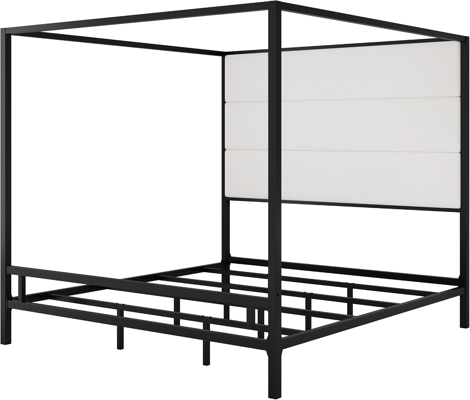 Modern Metal King Size Canopy Platform Bed with with Tall Linen Fabric Upholstered Headboard and 4 Poster Design, Box Spring Needed (Black+White, King)
