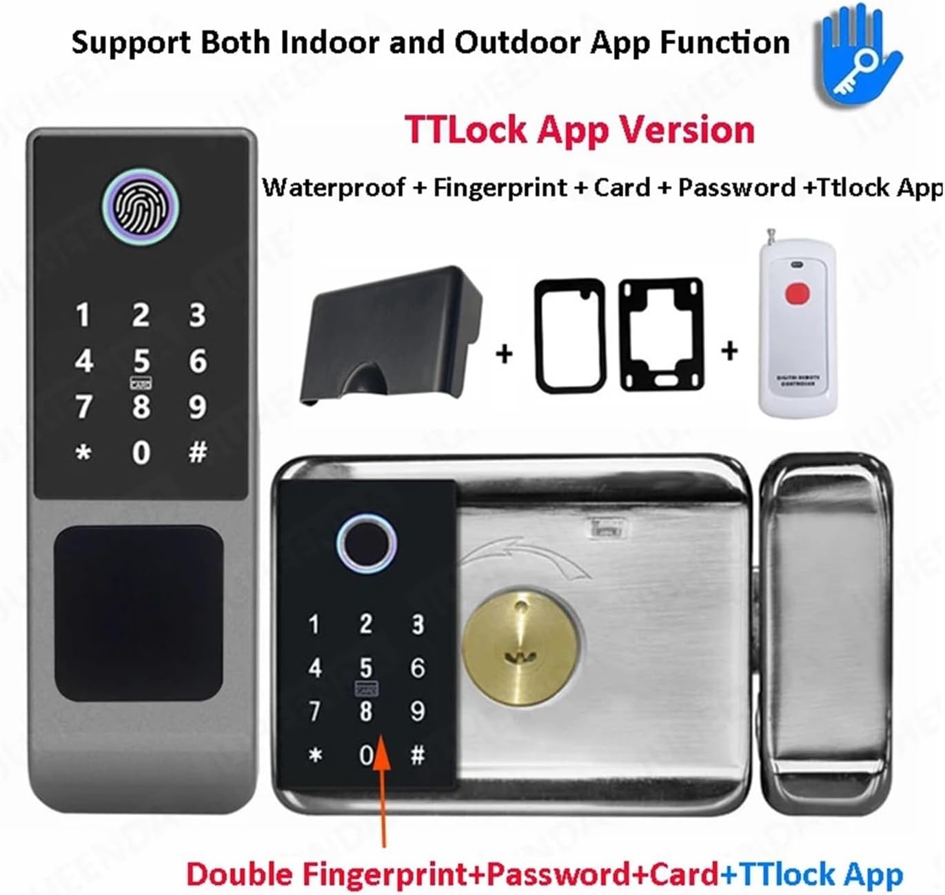 Outdoor Tuya WiFi Waterproof Smart Door Lock，Double Side Fingerprint Sensor Digital Code IC Card TTLock App，Electronic Gate Lock，Smart Lock (Color : Ttlock Code(Remote)), f17heceecc90
