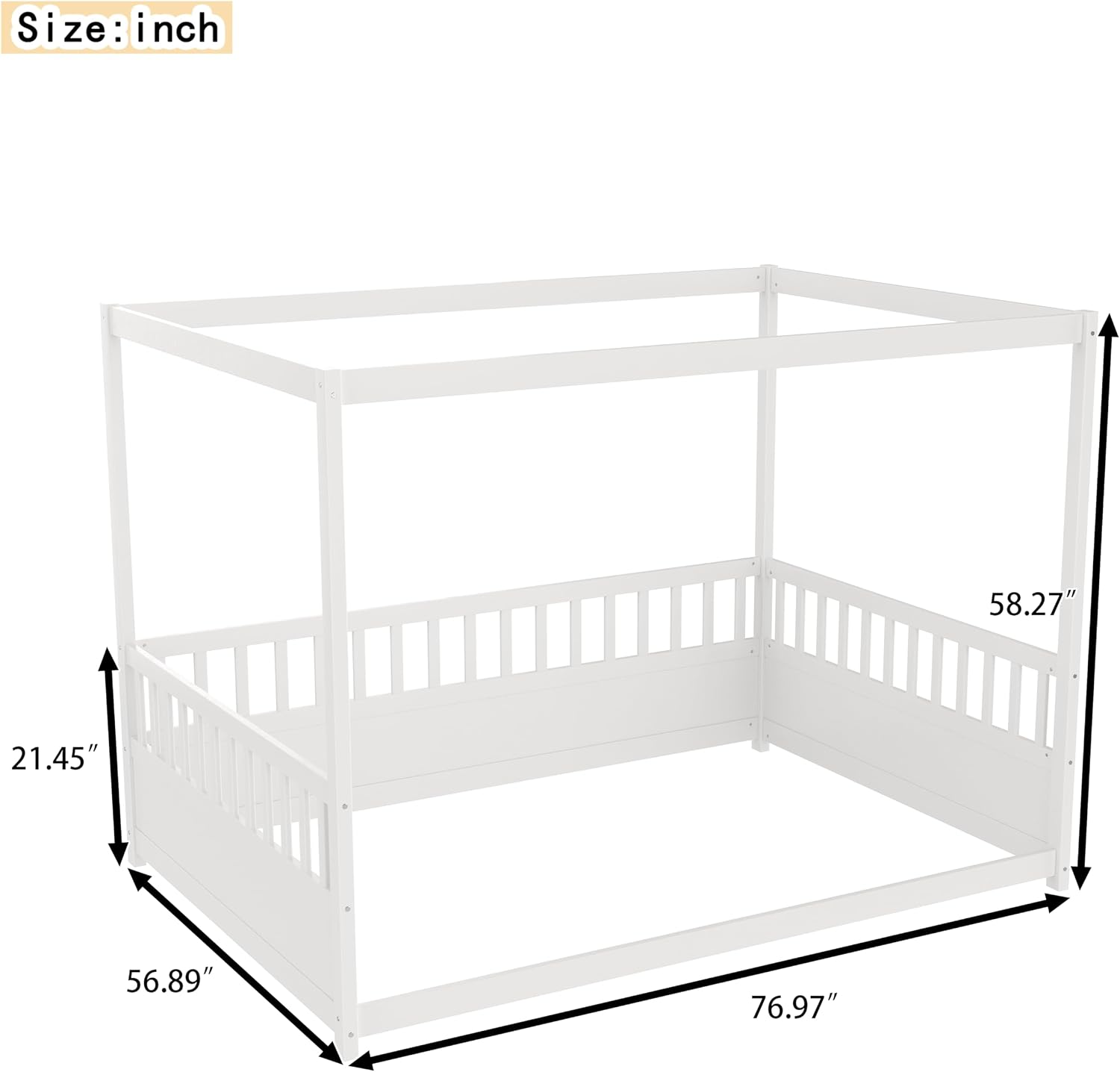 Full Size Canopy Bed Frame with Guardrails,Floor Bed Full with Four Poster Design,Montessori Floor Bed,Wood Canopy Bed Frame for Girls,Boys(Full,White)