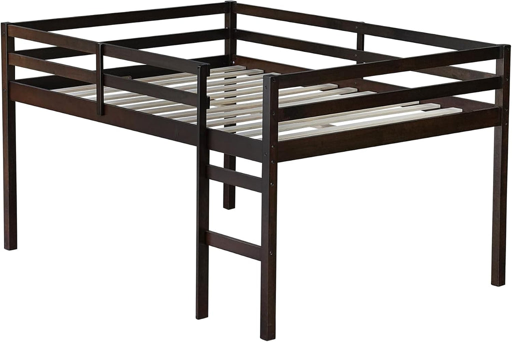 JIVOIT Full Size Bed Frame, Rubber Wood Loft Bed with Ladder, Low Height Design Loft Bed, Central Strengthened Support Slat, No Box Spring Needed