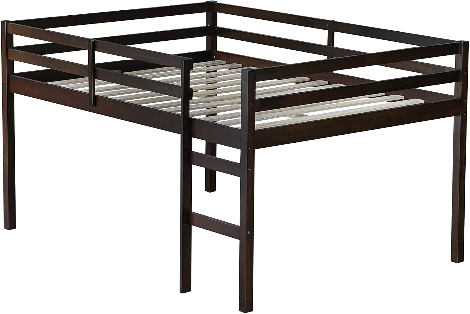 JIVOIT Full Size Bed Frame, Rubber Wood Loft Bed with Ladder, Low Height Design Loft Bed, Central Strengthened Support Slat, No Box Spring Needed