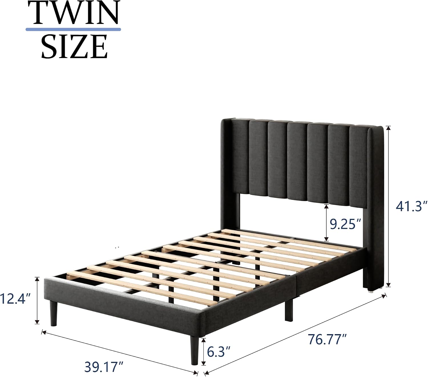 Gruwans Twin Size Bed Frame with Upholstered Wingback Headboard, Easy Assemnly Platform Bed, Wooden Slat Support No Box Spring Needed, Dark Gray