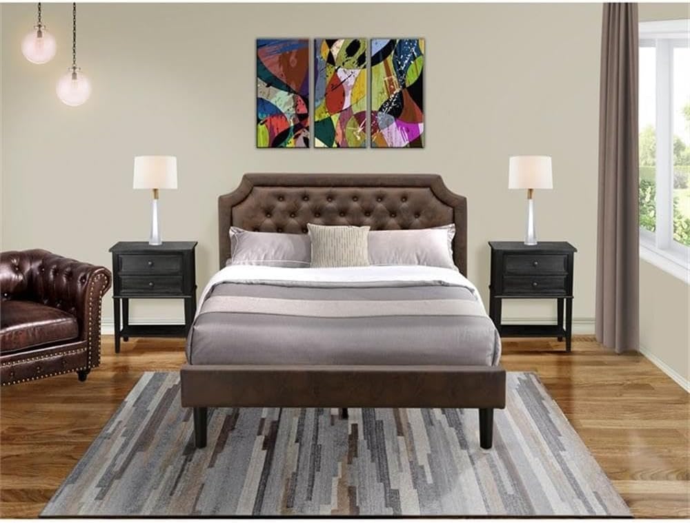 East West Furniture GB25Q-2VL06 3-Piece Queen Bedroom Set with Button Tufted Wood Bed Frame and Two Wire-Brushed End Tables – Dark Brown Faux Leather with a Black Finish and Textured Legs.