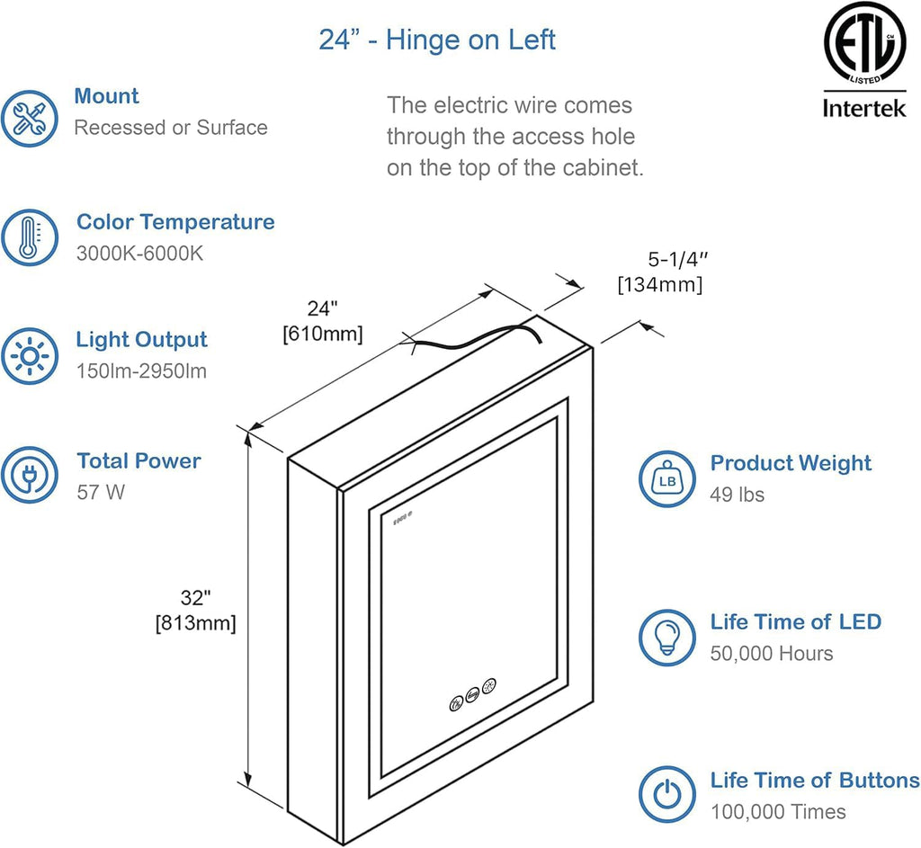 Blossom 24x32 Inch Recessed or Surface LED Mirror Medicine Cabinet with Left Hinge | Defogger - 3X Makeup Mirror, Digital Clock | Adjustable Color Temperature & Brightness | 2 Outlets & 2 USB Ports