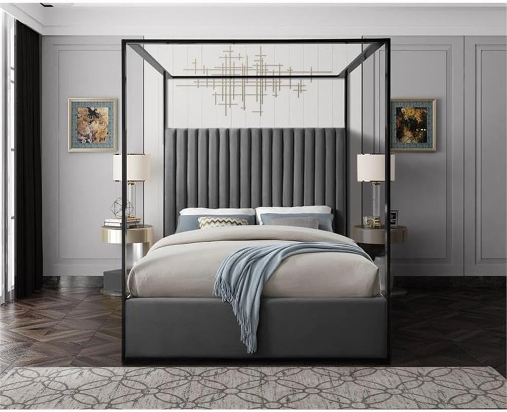 MAKLAINE Contemporary Queen Bed, Solid Wood Frame and Steel Canopy, Gray Velvet Upholstery, Matte Black Finish, Deep Channel Tufting, Full Slats, 66.5' W x 86.5' D x 78.5' H, Bedroom Furniture