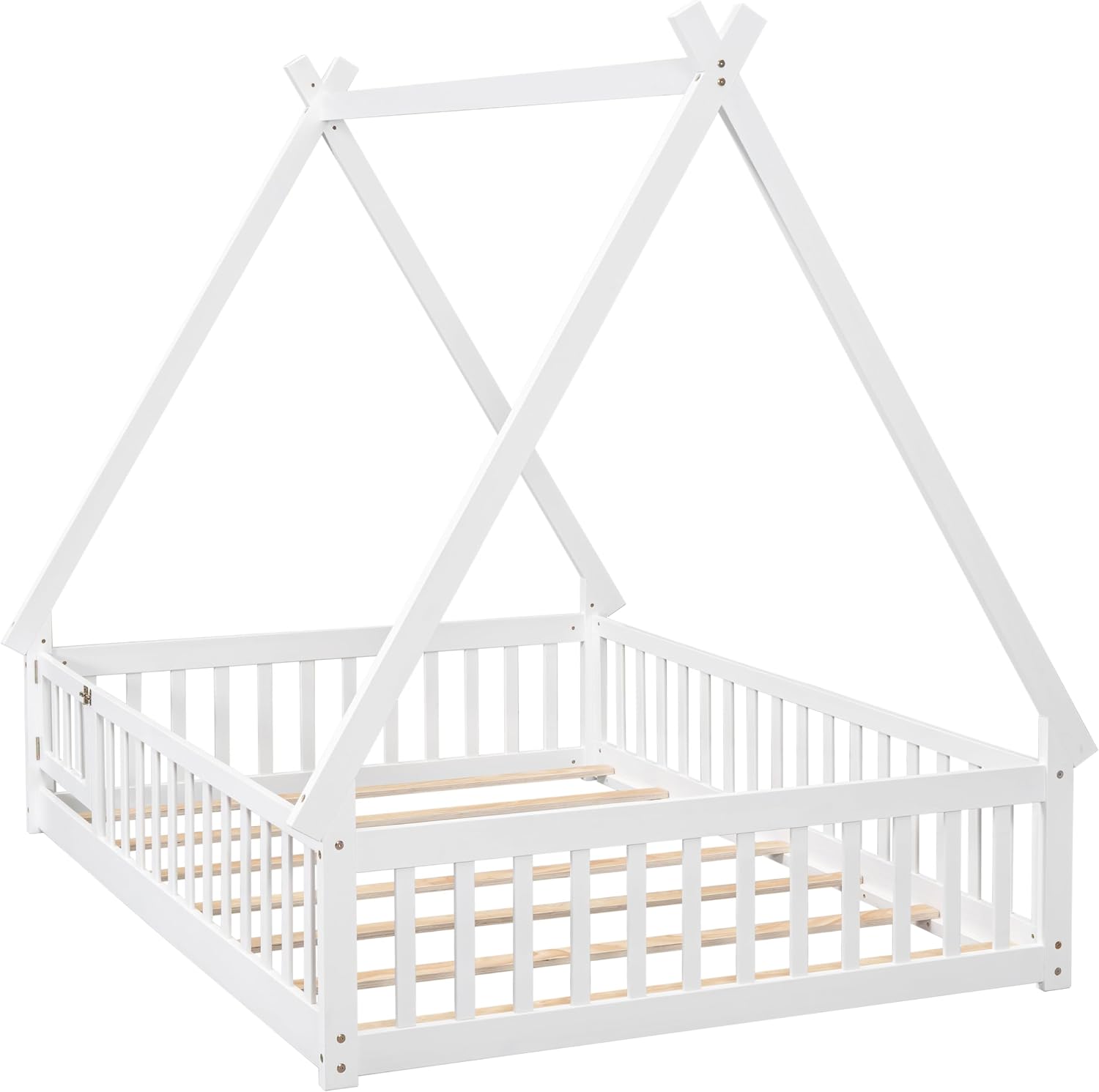 Bellemave Full Size Tent Floor Bed for Kids,Montessori Floor Bed with Door and Guardrails,Wood Floor Bed with Slats,Teepee Bed for Girls Boys(Full,White)