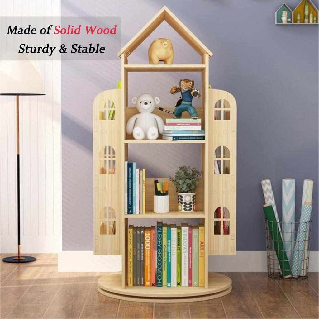 Gdrasuya10 Large Rotating Bookshelf 360 Degree, Wood Castle Bookshelf Bookcase Floor Standing Storage Book Shelf Display Children's Bookcase for Playroom Kidsroom