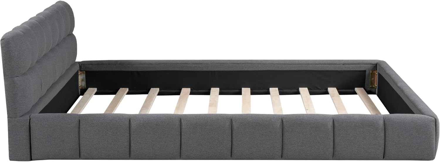 Queen Size Upholstered Platform Bed with Thick Fabric, Grounded Bed with Solid Frame,Wood Slat Support, No Box Spring Needed,Easy Assembly,Bedroom Set (C+Gray)