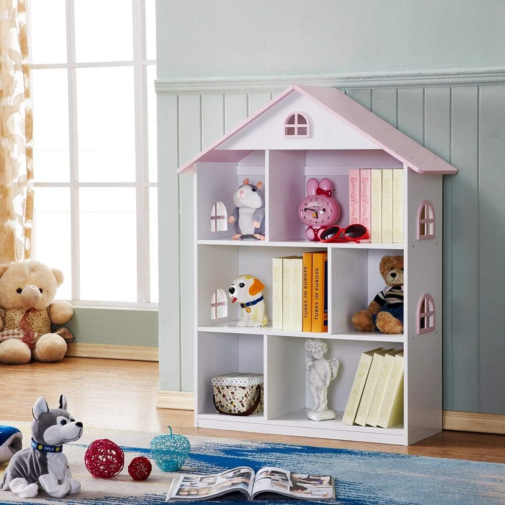 Wooden Dollhouse Bookshelf 3-Tier Doll House Bookcase Kids Books Toys Storage Organizer Shelves for Children's Bedroom Playroom Kindergarten Nursery Gift for Boys Girls Ages 3-8 Years Old