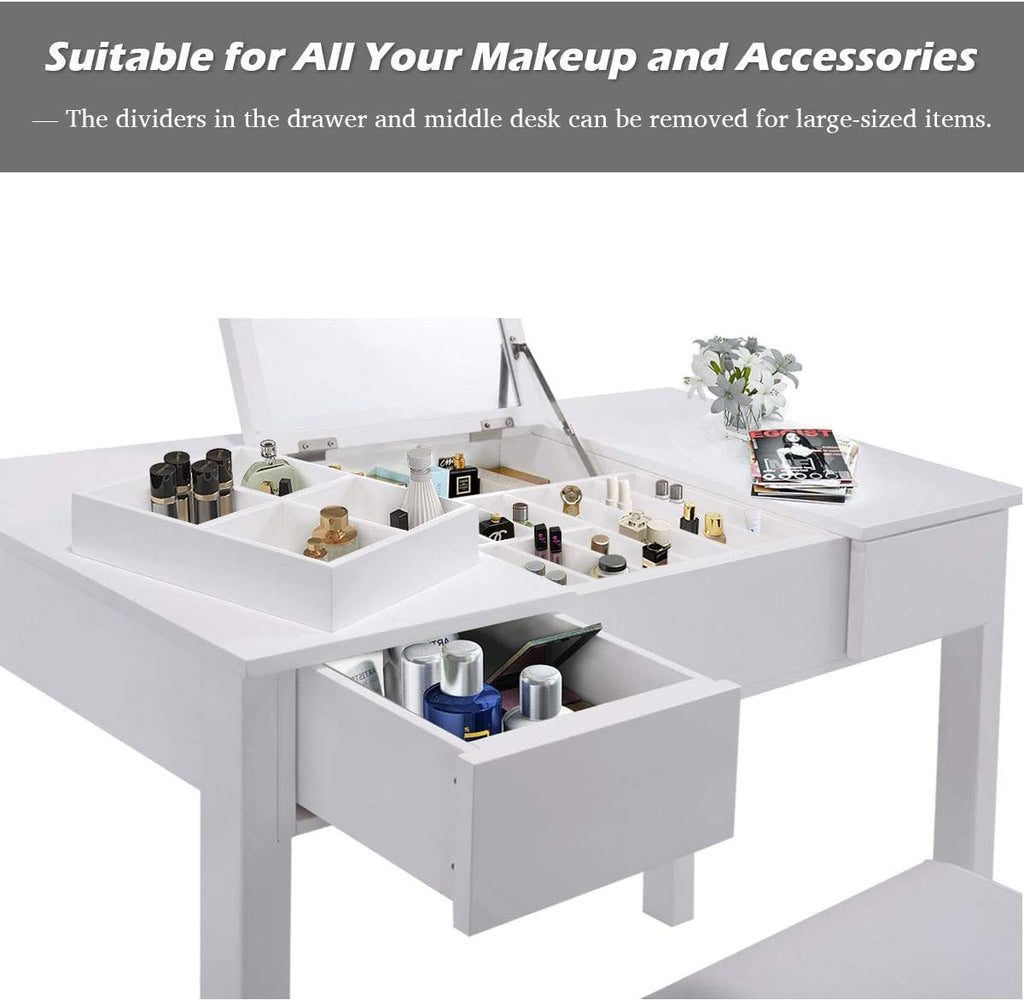 Giantex Vanity Set with Flip Top Mirror and Cushioned Stool, Makeup Dressing Table Writing Desk with 2 Drawers & 3 Removable Organizers, Makeup Table Set Easy Assembly, White