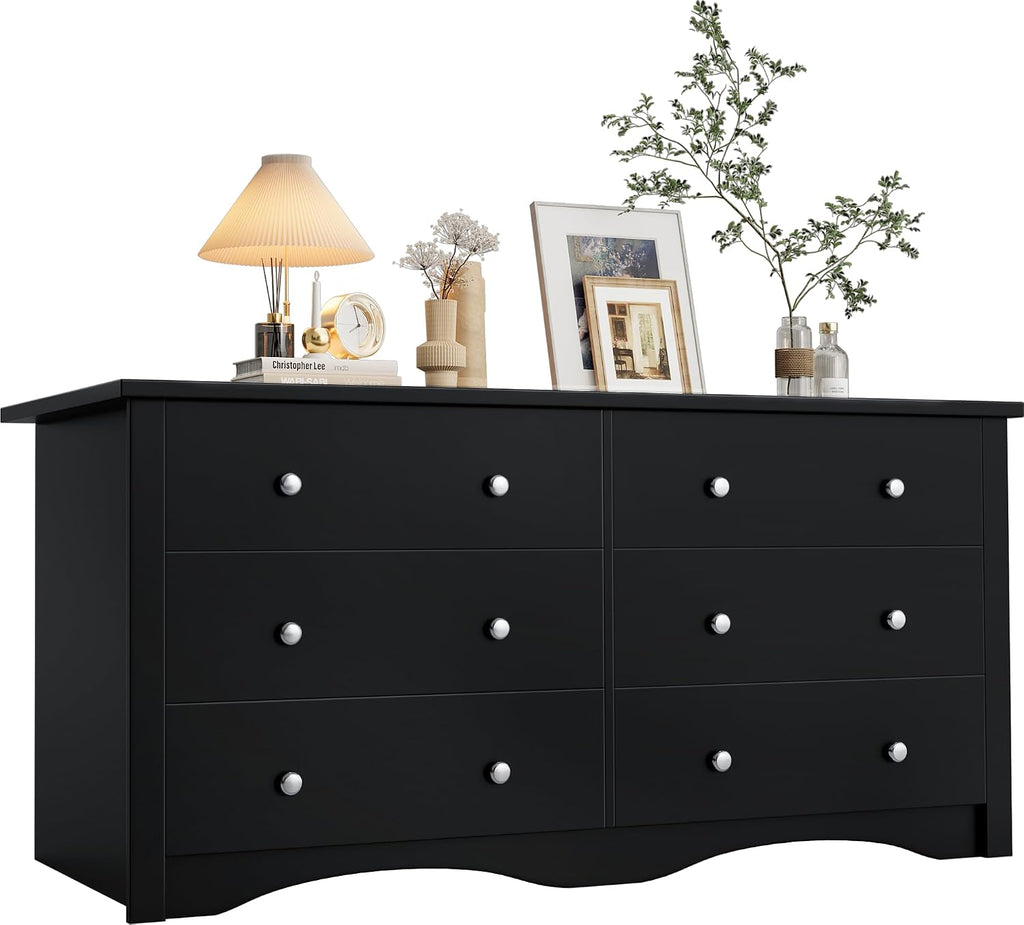 YESHOMY 58'' Dresser for Bedroom, 6 Drawer Dressers, Wood Storage Organizers Units, Hallway,Office(Black)