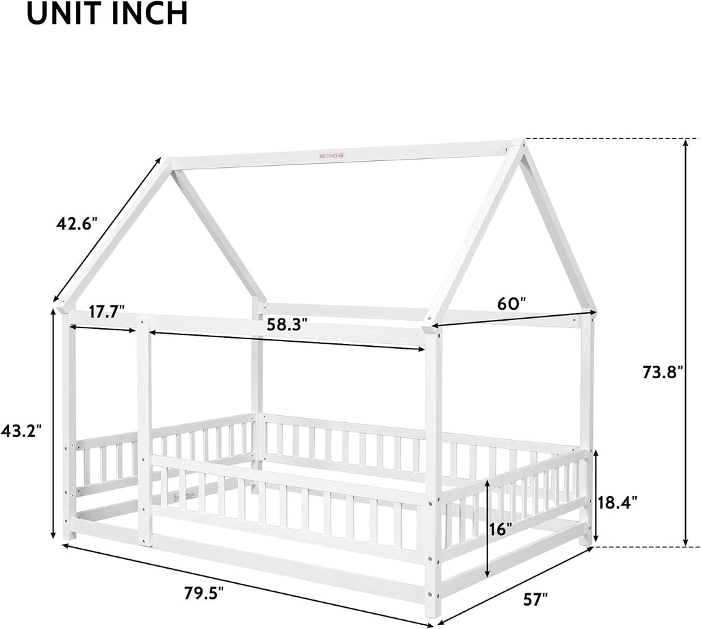 Bellemave Full Size House Floor Bed,Wooden Montessori Bed with Fence and Roof for Kids,Playhouse Full Bed Frame for Girls,Boys(Full,White)