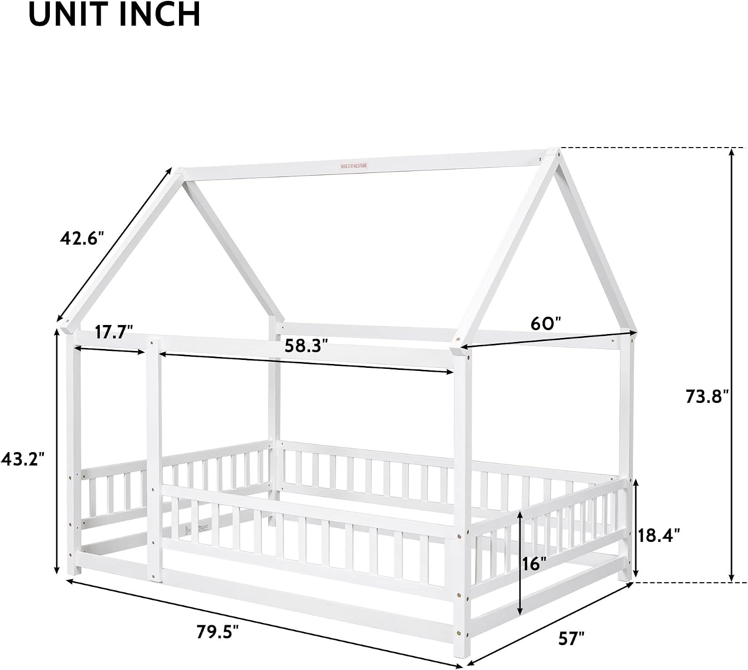 Bellemave Full Size House Floor Bed,Wooden Montessori Bed with Fence and Roof for Kids,Playhouse Full Bed Frame for Girls,Boys(Full,White)