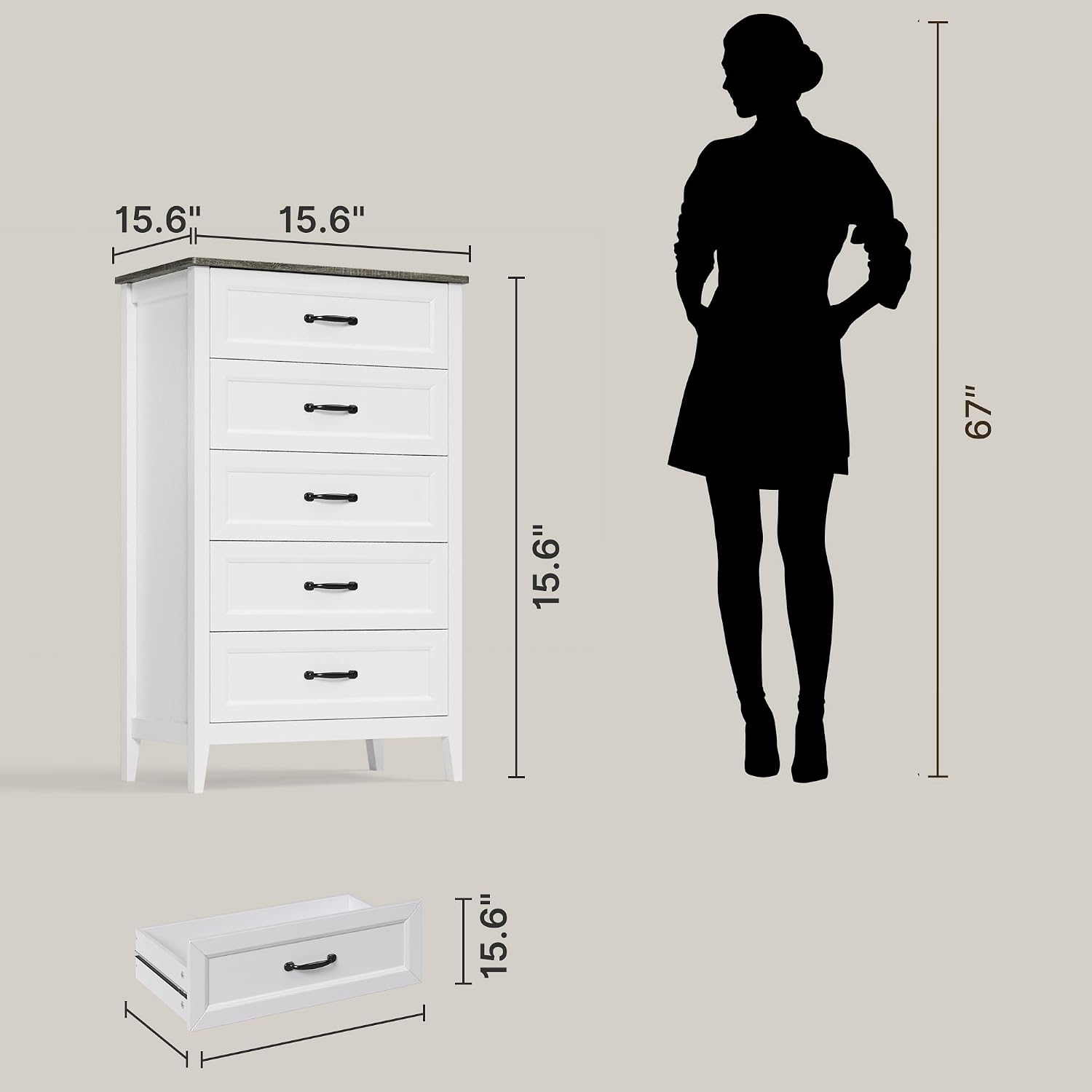 Gizoon 5 Drawer Dresser, 44.8' H Wood Chest of Drawers, White Dresser for Bedroom, with Smooth Rail, Metal Handles, Anti-tip Device, Modern Chest, for Living Room, Hallway, Black